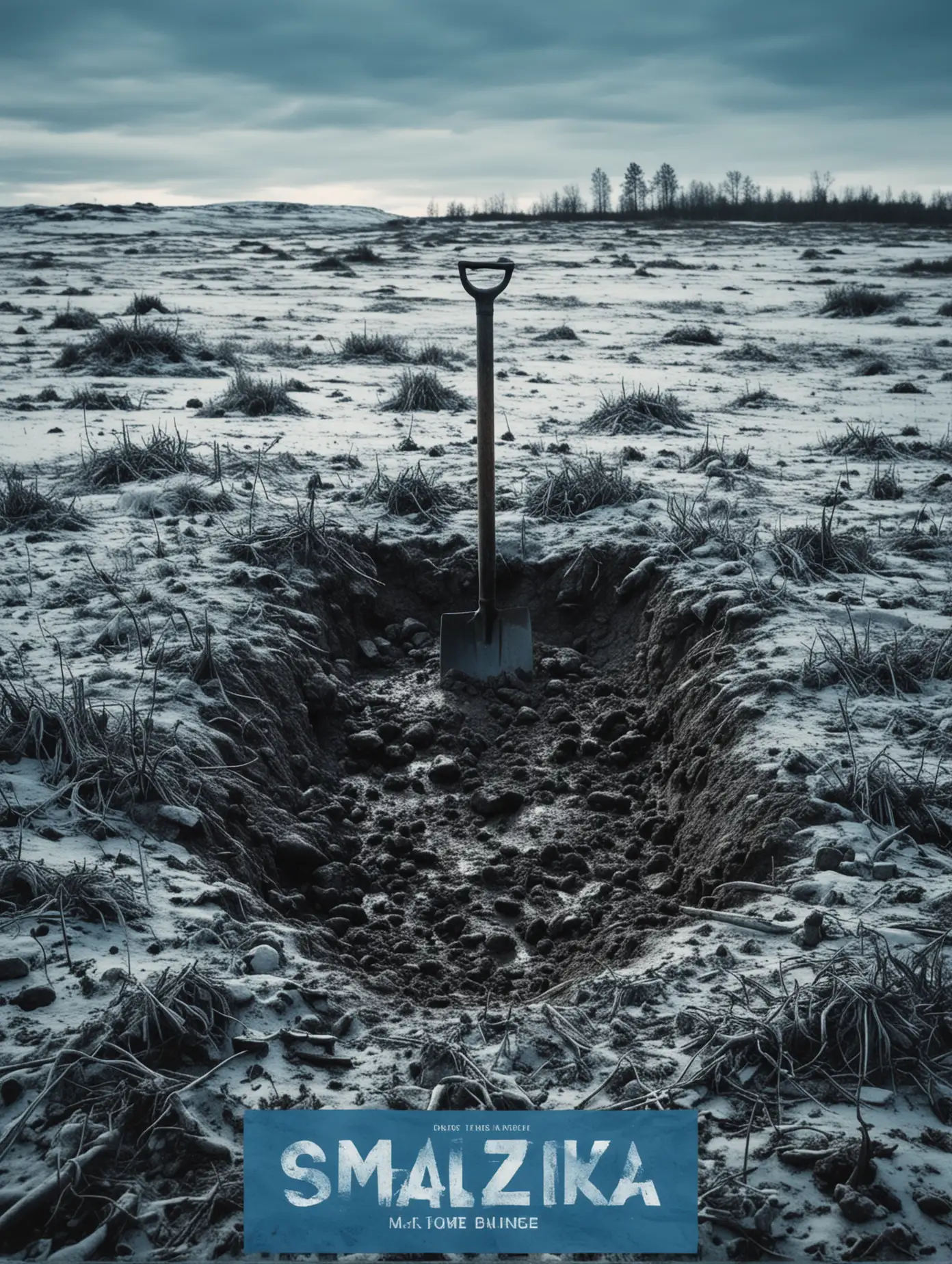 Movie poster with a scandinavian harsh winter landscape in the middle a pile of mud like a body was buried with a spade stuck on top, colors are blue and black screenprint style