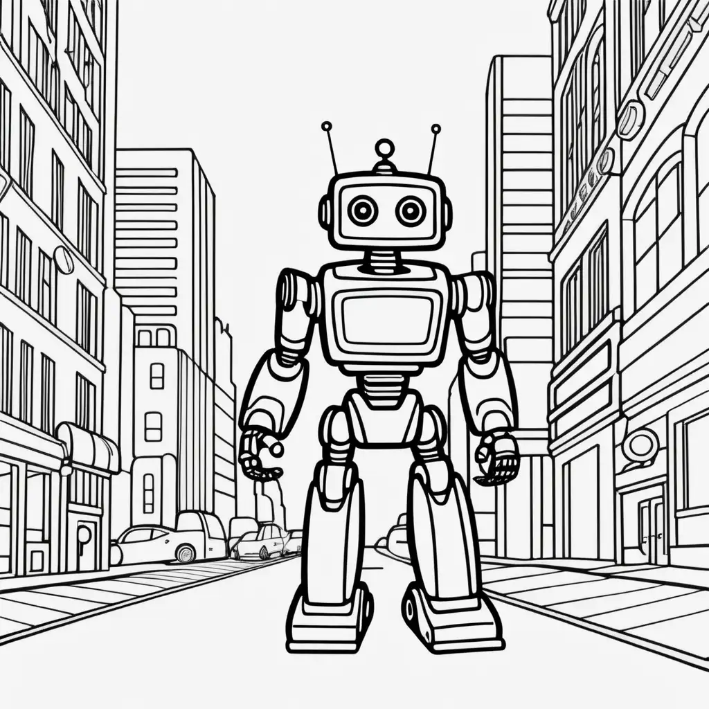 white picture with black outline for coloring book, same robot standing on city street, which is waving hi