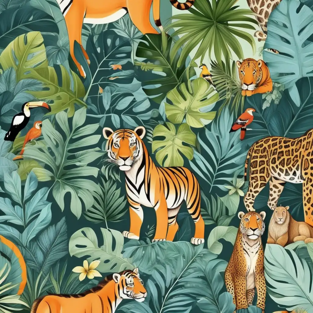 versatile pattern of jungle animals and nature, stylish and playful