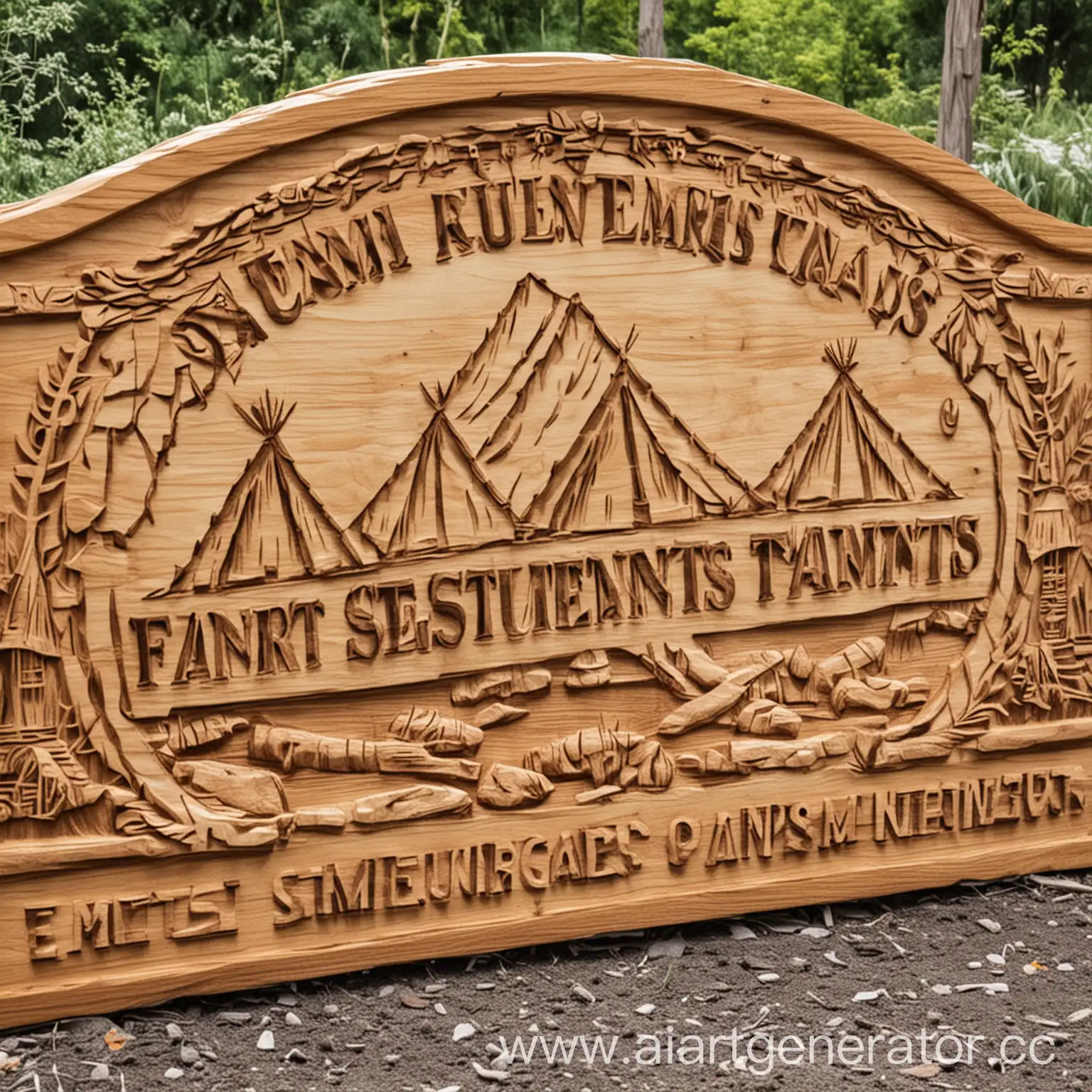 Wooden-Carved-Entry-Sign-Depicting-Tents