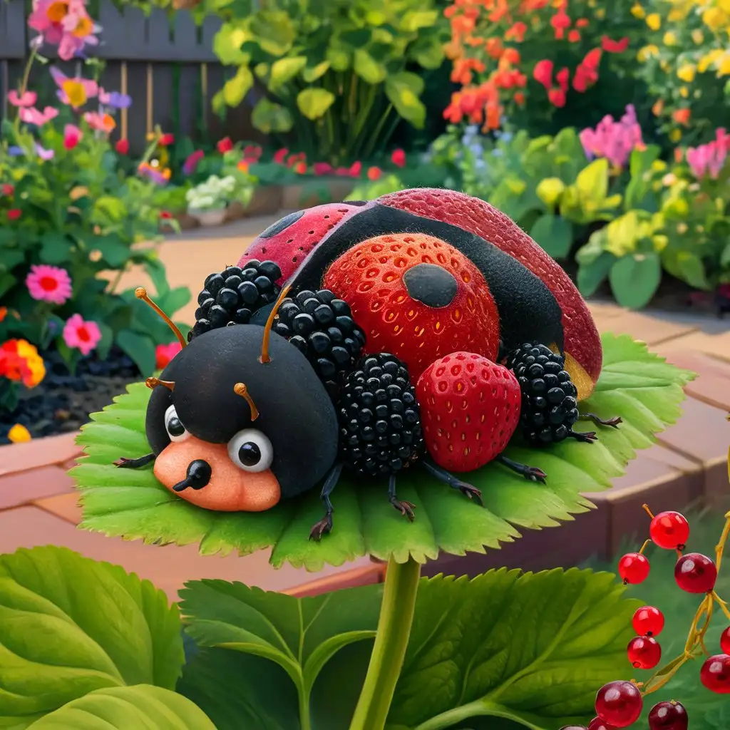 A ladybug entirely made of black and red fruits, such as strawberry and blackberry and currant, sitting on a leaf in a backyard