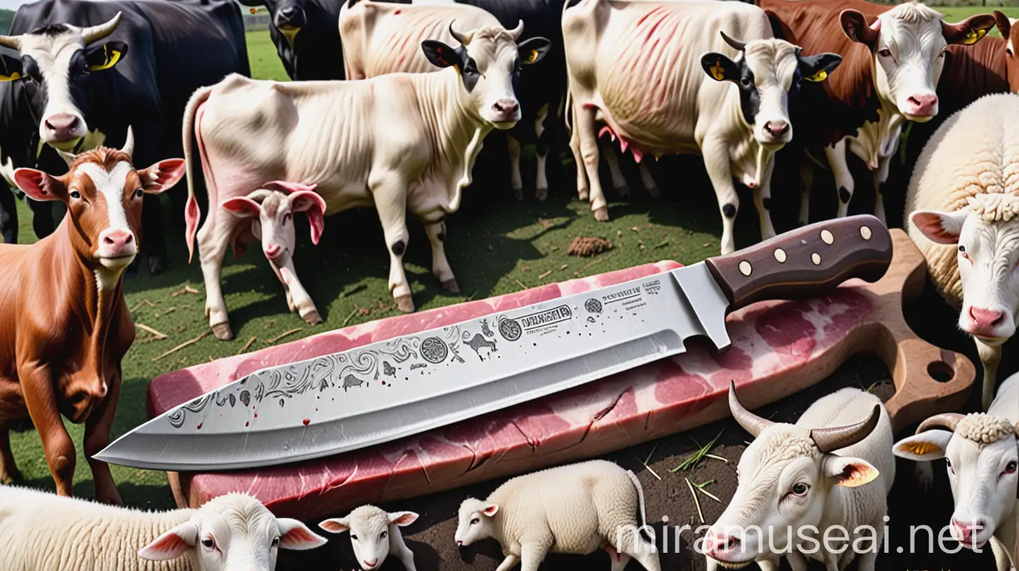 Image of a traditional butcher's knife surrounded by various farm animals like cows, goats, and sheep. The knife is poised to begin the ritualistic process of sacrifice. The text overlay reads