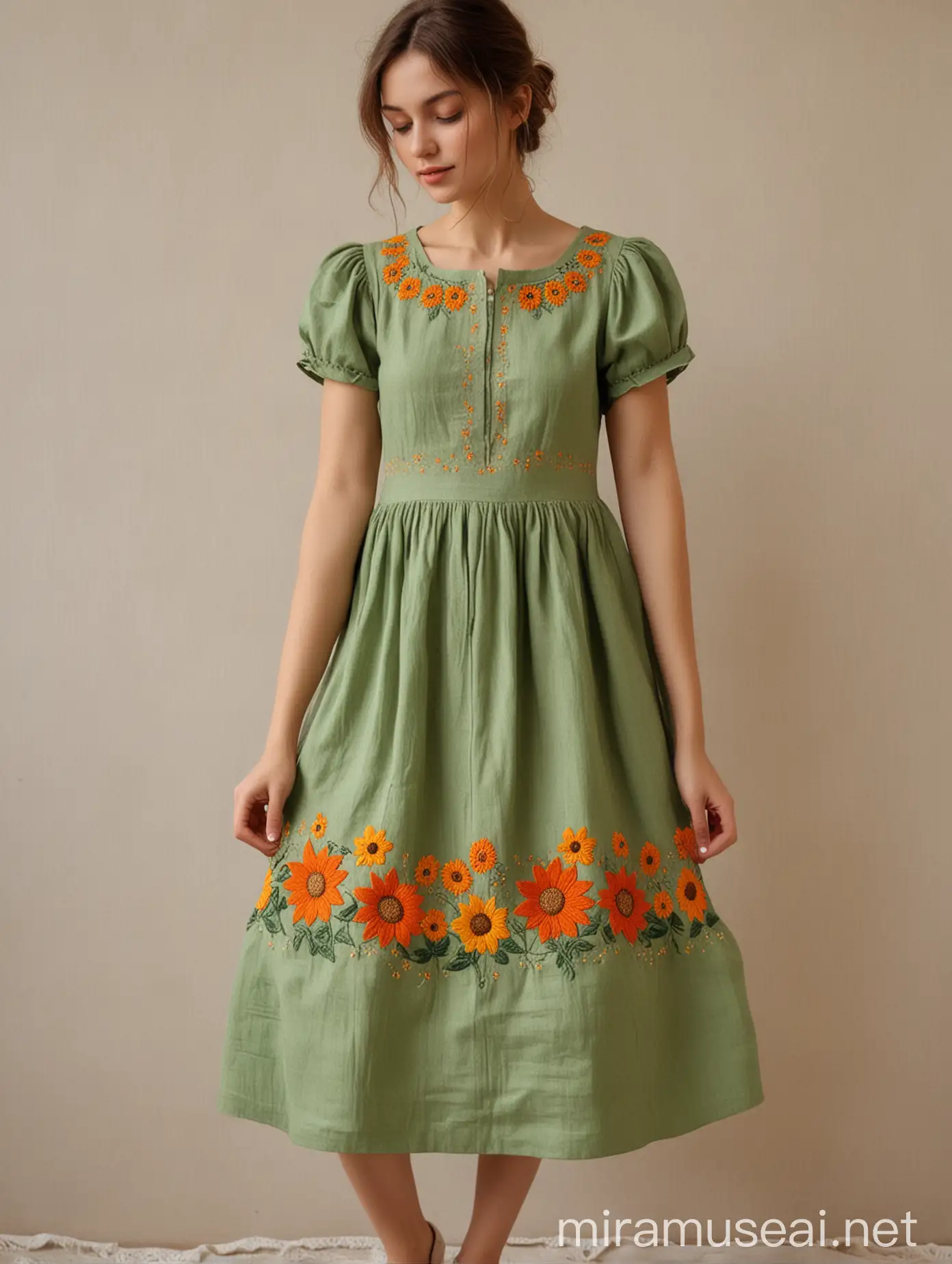 Dress
 A lady is wearing it 
 Linen fabric
 green color
 Small and tiny orange sunflower embroidery