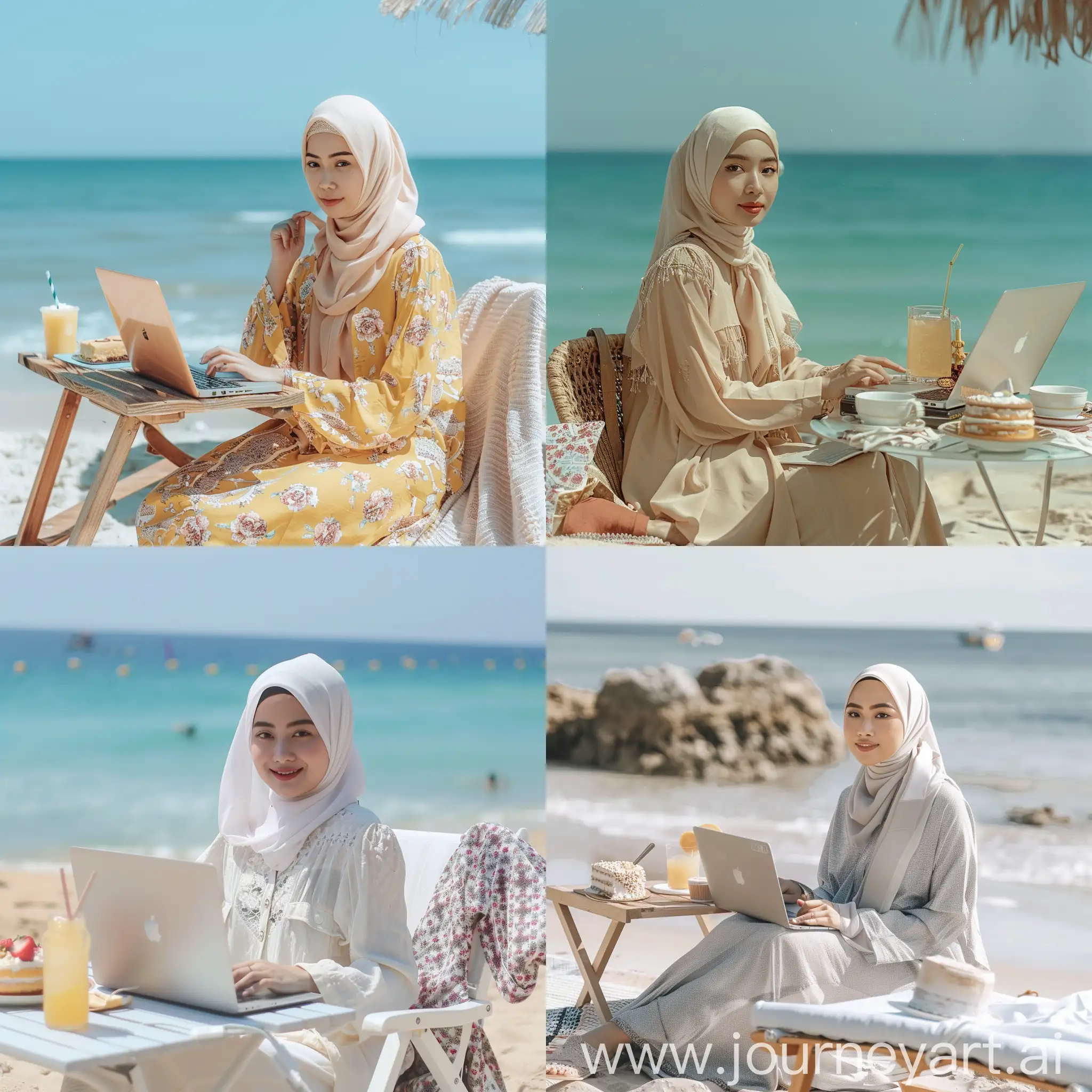 Young-Korean-Woman-in-Hijab-Relaxing-on-the-Beach-with-Laptop-and-Summer-Refreshments