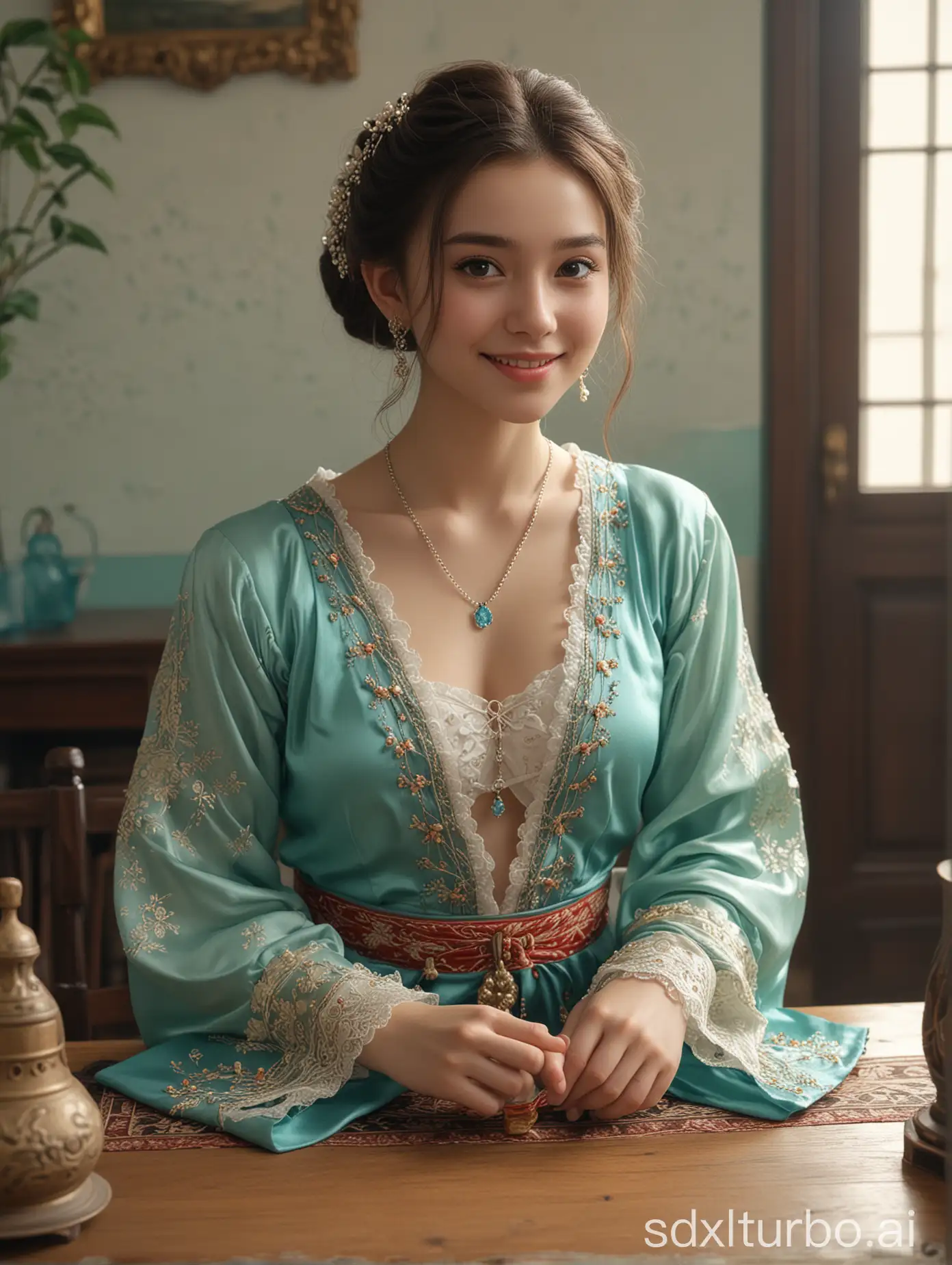 Girl-in-Cyan-Hanfu-Dress-and-Necklace-Posing-Gracefully-on-Table