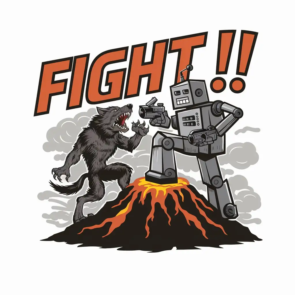 a logo design,with the text "FIGHT!!", main symbol:an old school boxy robot with antenna battles a mutant werewolf on top of an active volcano,Moderate,clear background