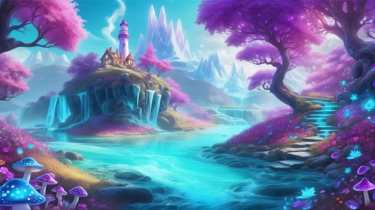 Forest of Bright royal-green and blue big, flower trees, purple, pink surrounded in turquoise dust. Bright-purple-river. Daylight, 8k, fairytale mushrooms, glowing. Magical, fantasy and potions and fireplace and florescent ice and lighthouse