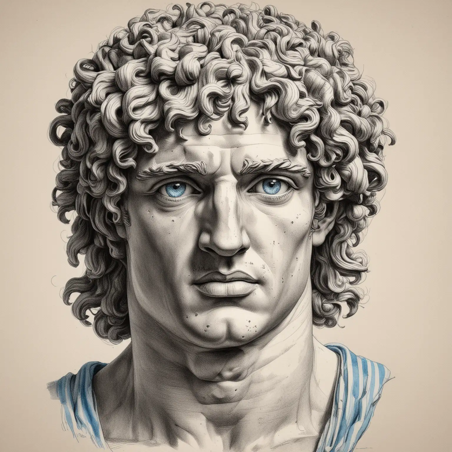A pen and ink drawing of the headshot portrait from an ancient Greek statue, the subject is Alexander The Great with curly hair. His eyes have a look that is hard to gaze straight ahead, but instead he has his gaze directed slightly down left. He wears a white tunic with light blue stripes on it. This style will give your illustration a classic feel reminiscent of historical illustrations drawn in the style of hand in woodprints or engraving. It is simple, elegant, and timeless.