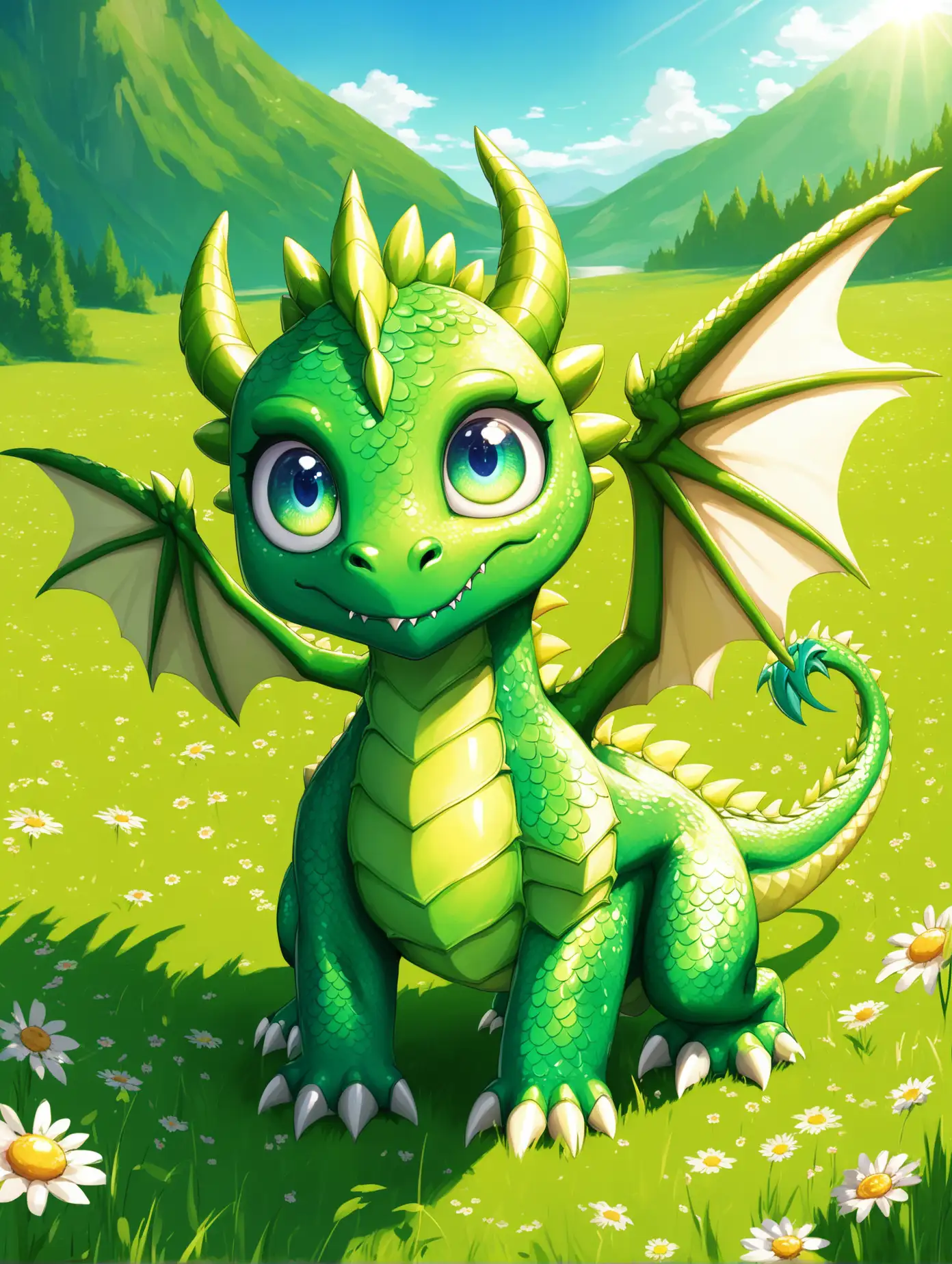  A bright green dragon with big eyes and small wings standing in a sunny meadow.