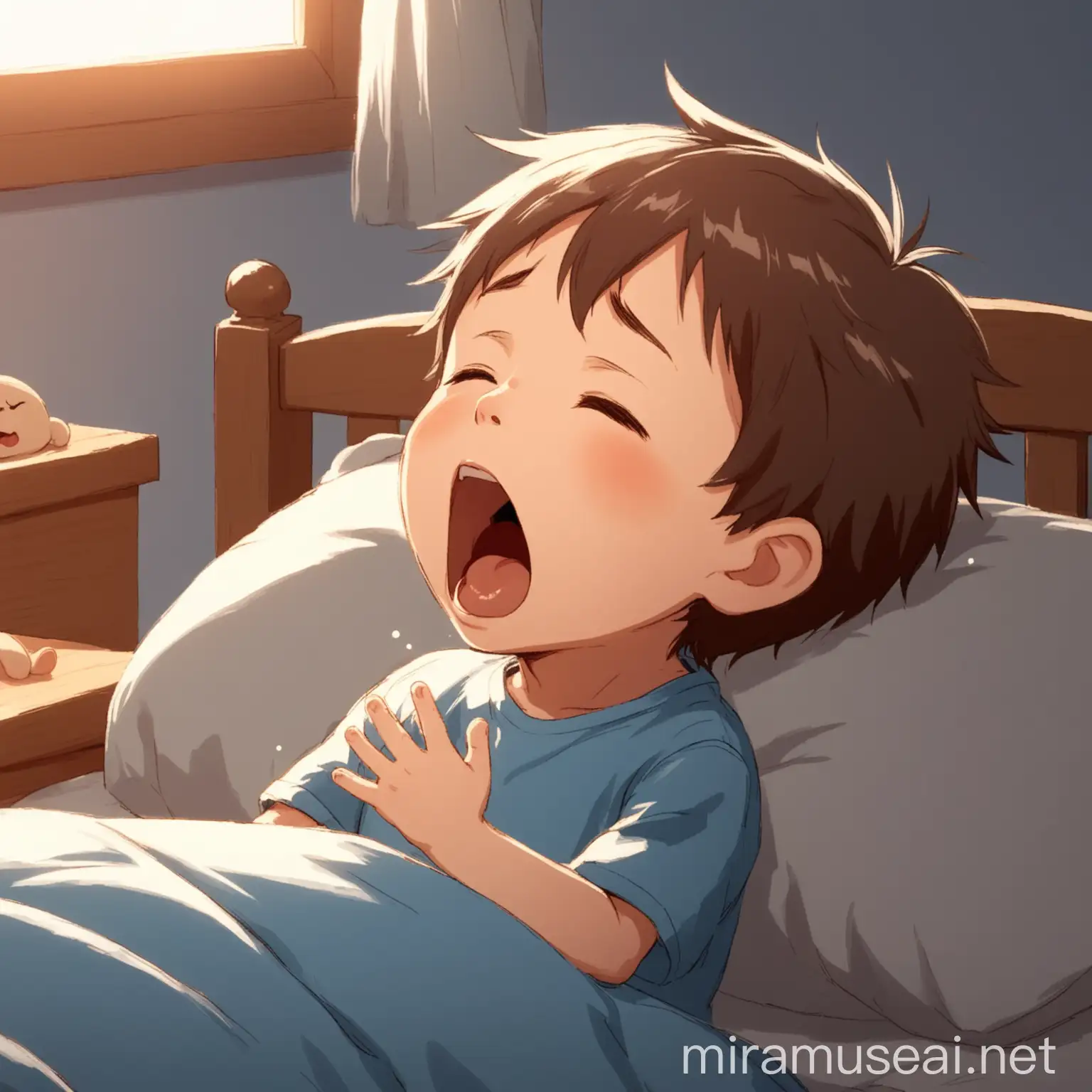 animated little boy yawning early in the morning