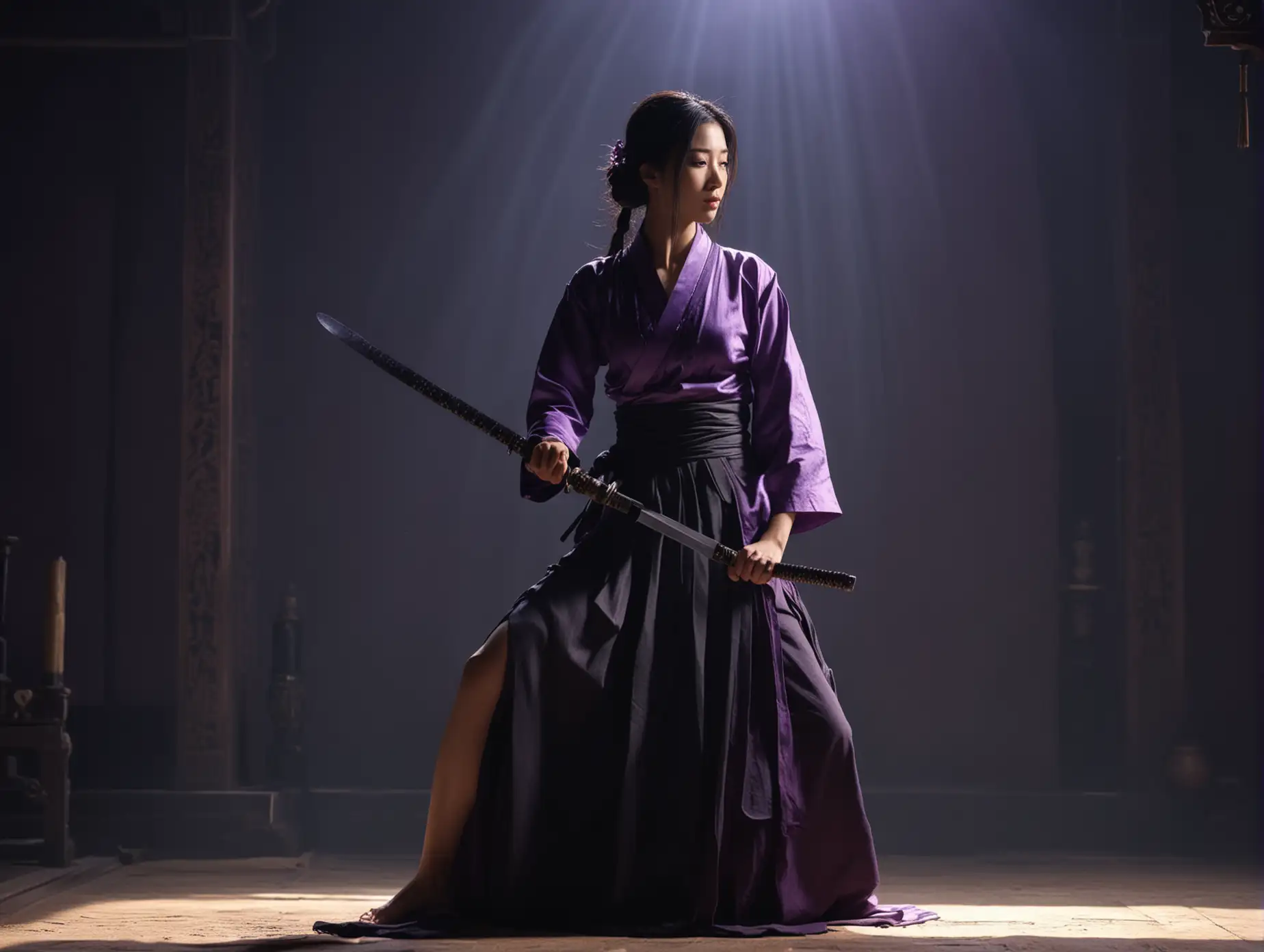 ancient color ancient fragrance's architecture, mysterious oriental woman, wearing simple purple and black straight skirts, wiping Tang sword, front view, focusing on knife, with movie-like light and shadow effect, 8K, ultra high definition, super resolution