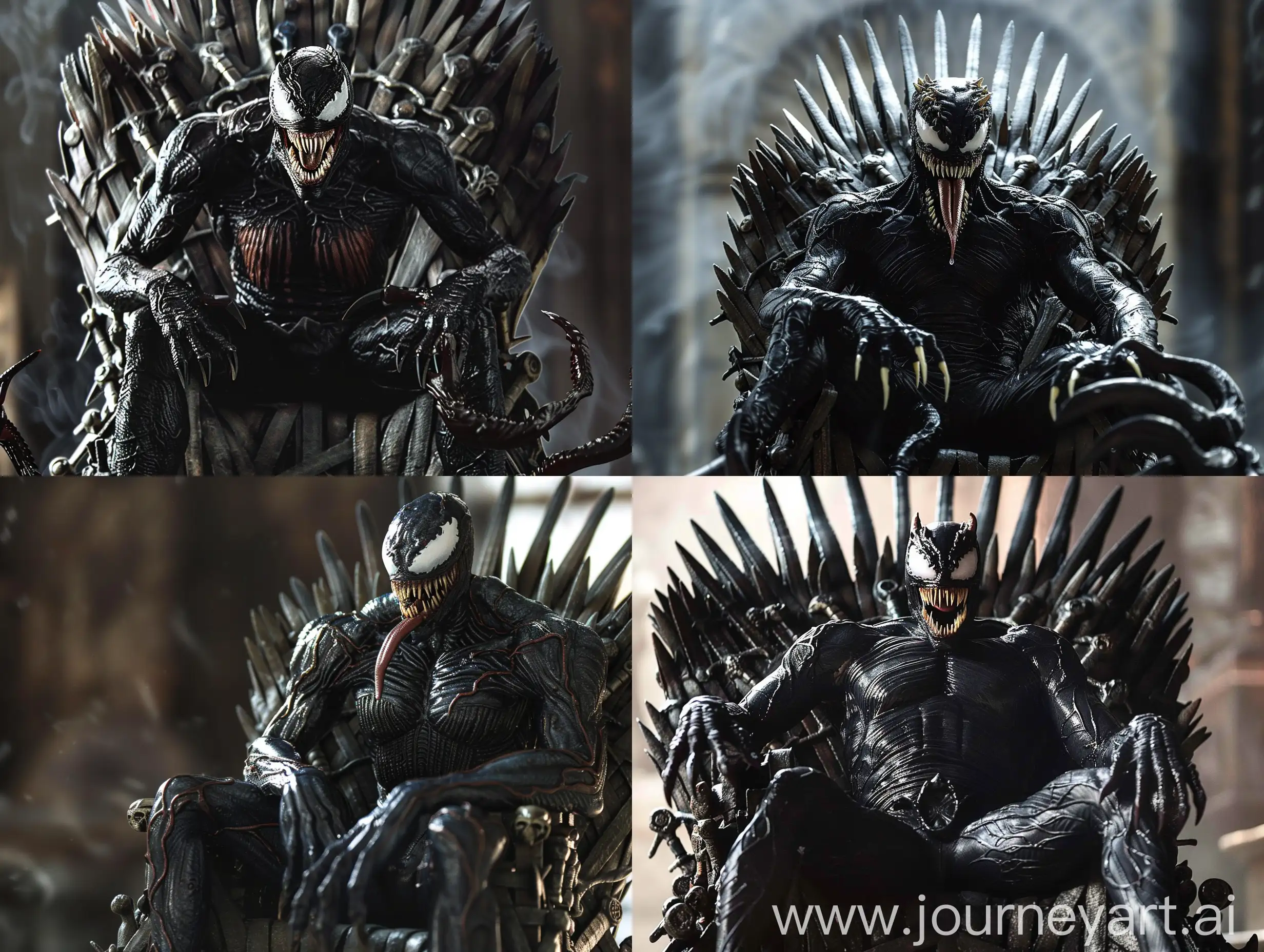 Venom sitting on the Iron Throne from Game of Thrones