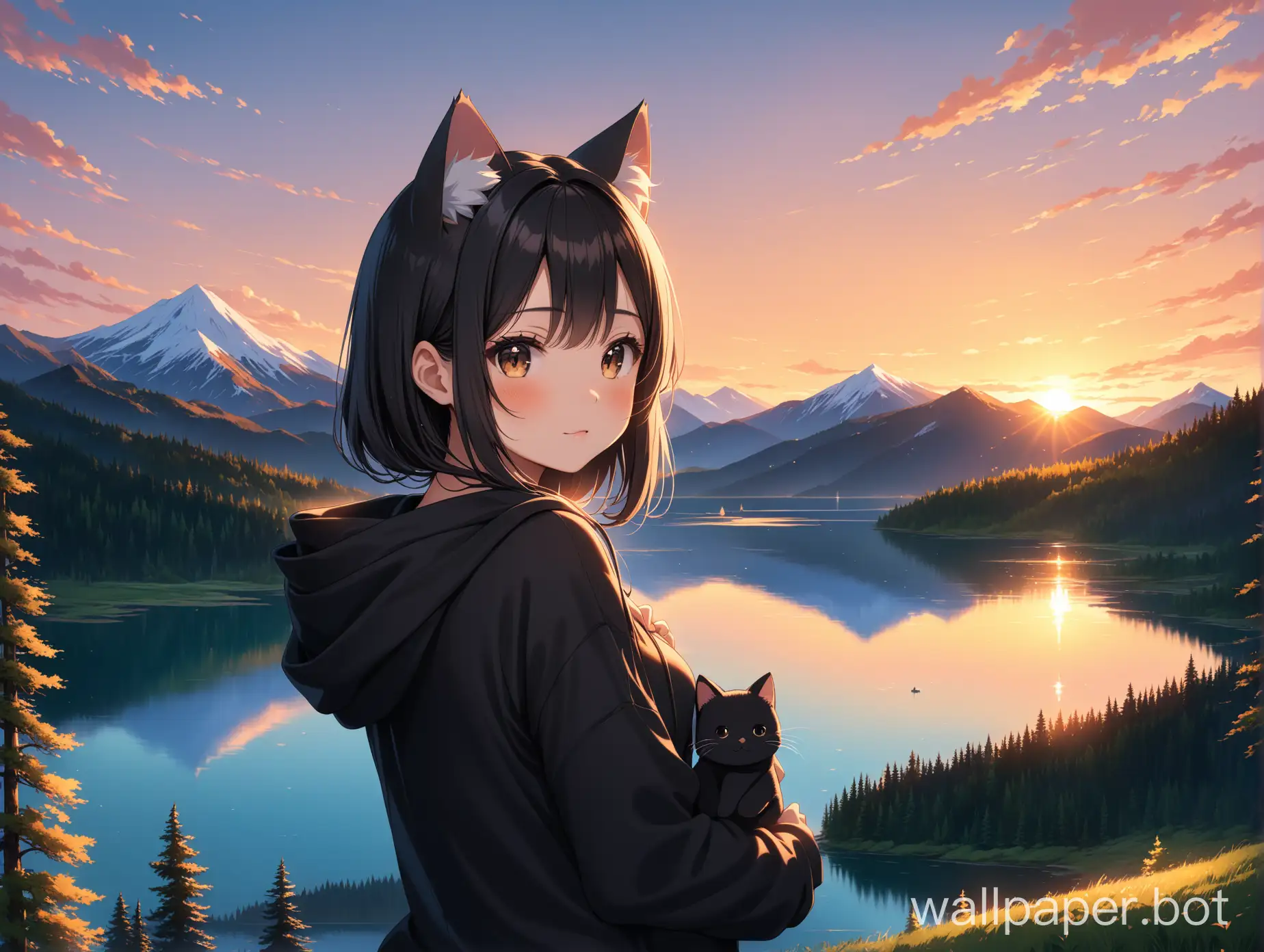 high-res, masterpiece, 4k, 8k, sunset, forest, lake, mountains, girl in cute black hoodie with cat ears