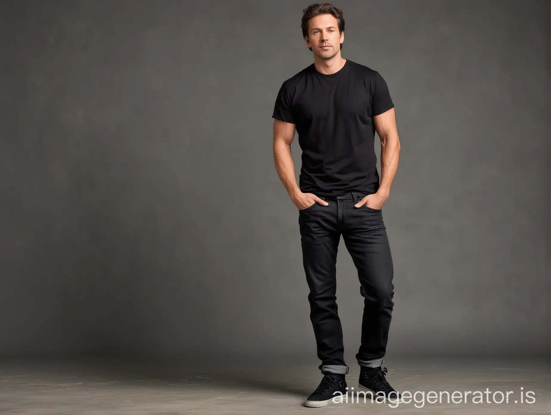 A 36-year-old Caucasian man with dark brown hair wearing a plain black shirt and jean pants, black sneakers