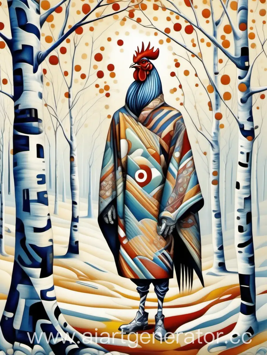 Futuristic-Rooster-in-Kaftan-and-Boots-Stands-by-Birch-Tree-in-Village-Scene