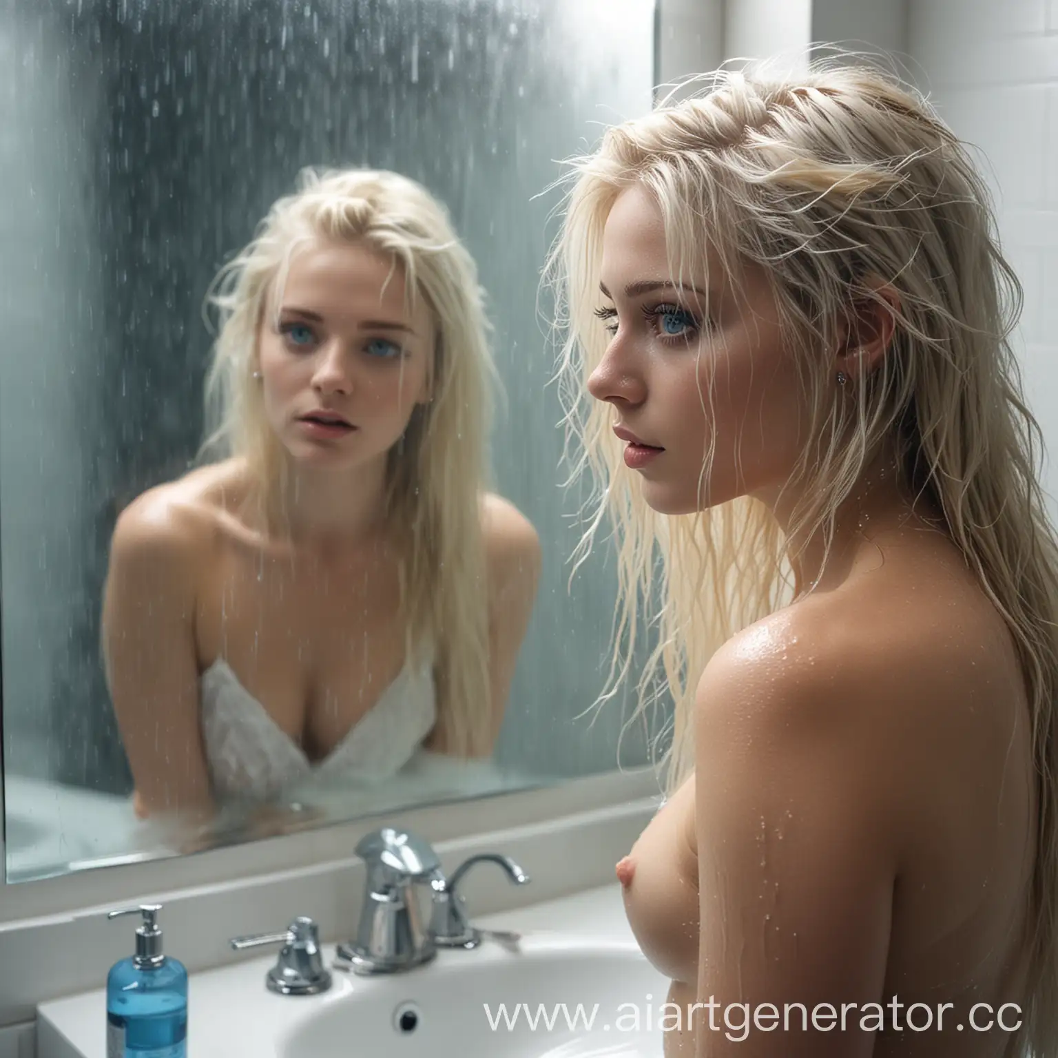 A stunning blonde with piercing blue eyes stands in front of a foggy bathroom mirror, her wet hair cascading down her back as she admires her reflection in the misty glass.