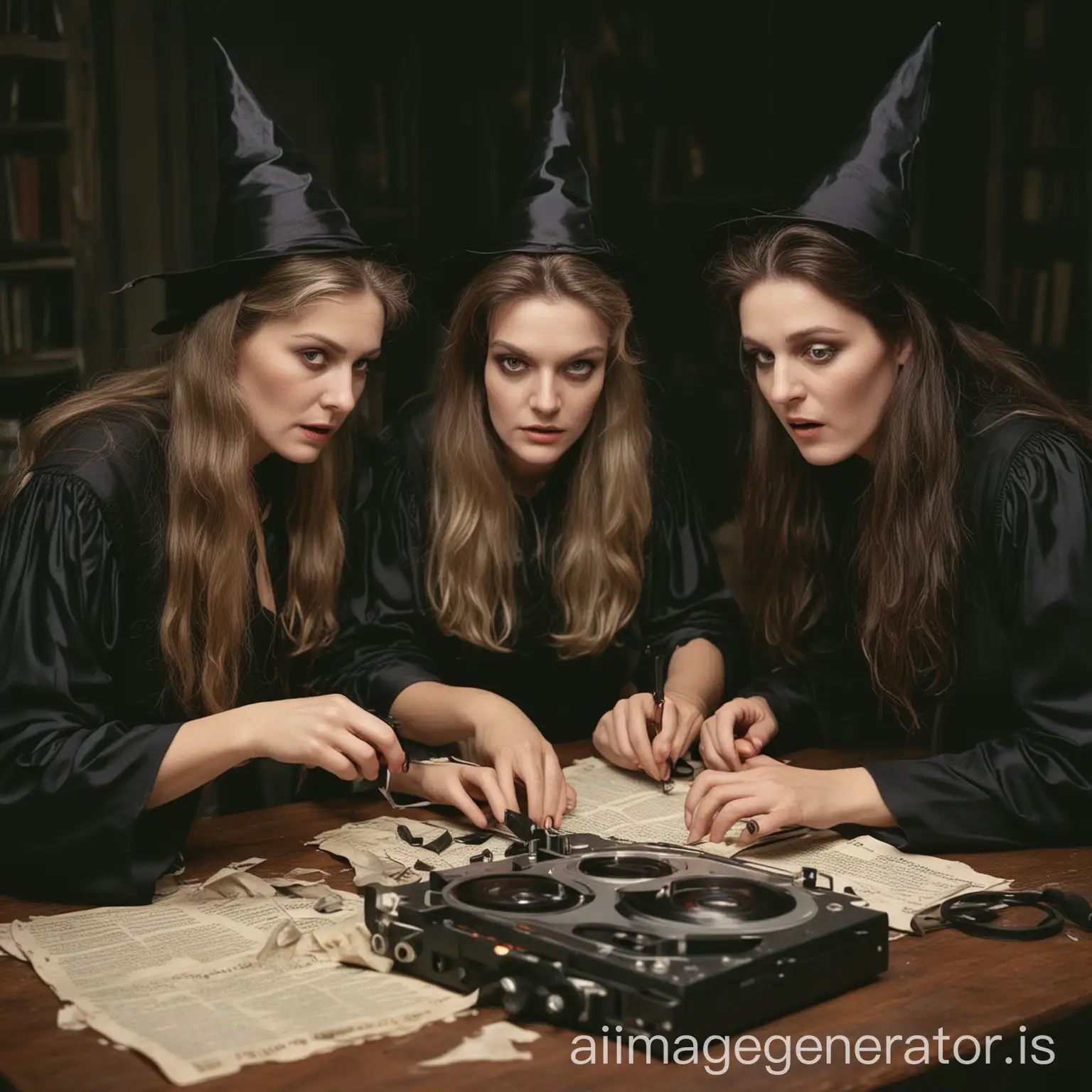 three witches editing a movie tape