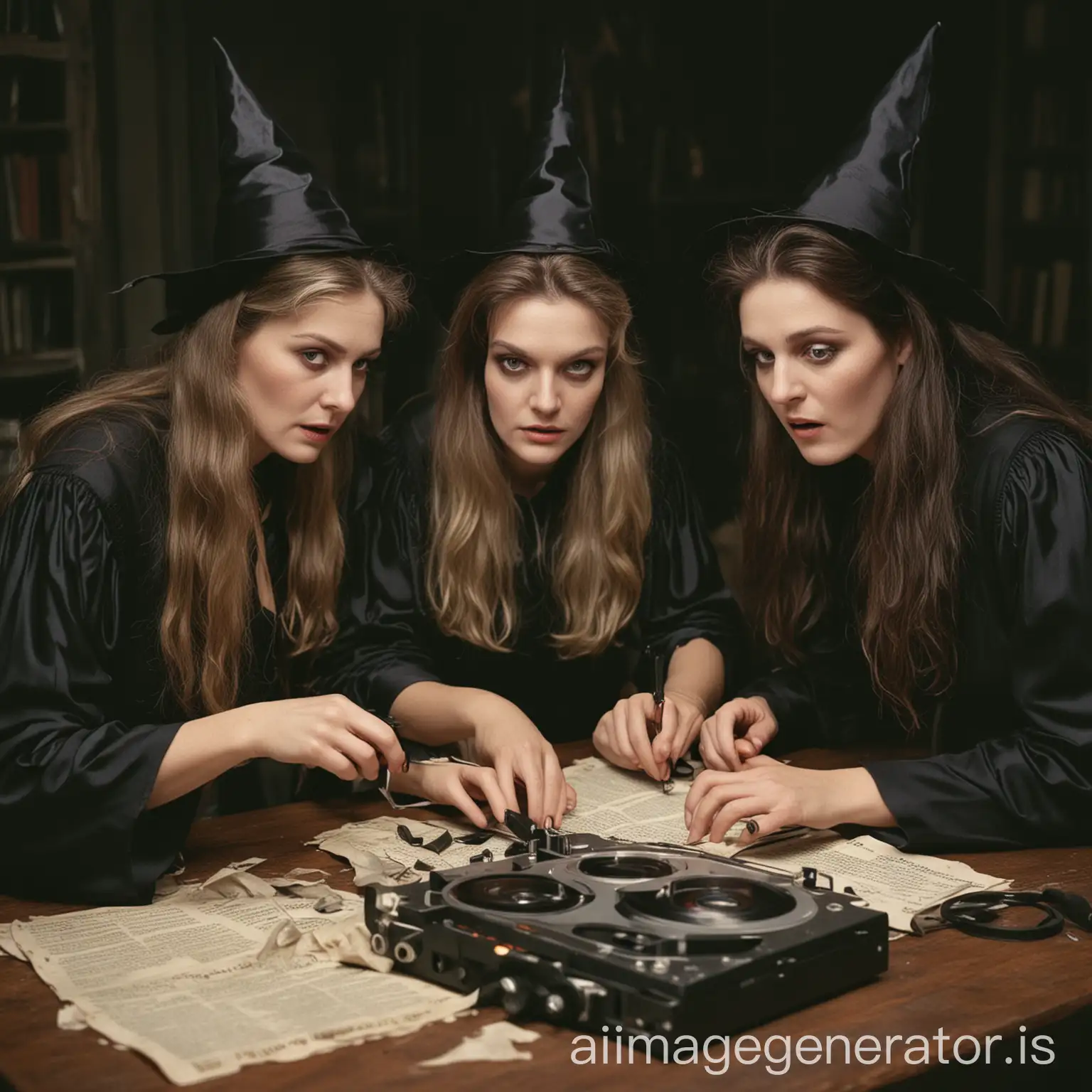 three witches editing a movie tape
