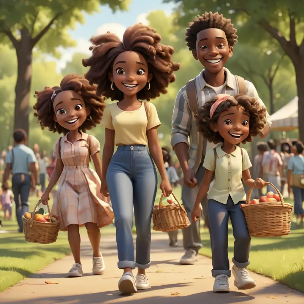 defined 3D Cartoon-style African Americans walking to the park with picnic baskets smiling