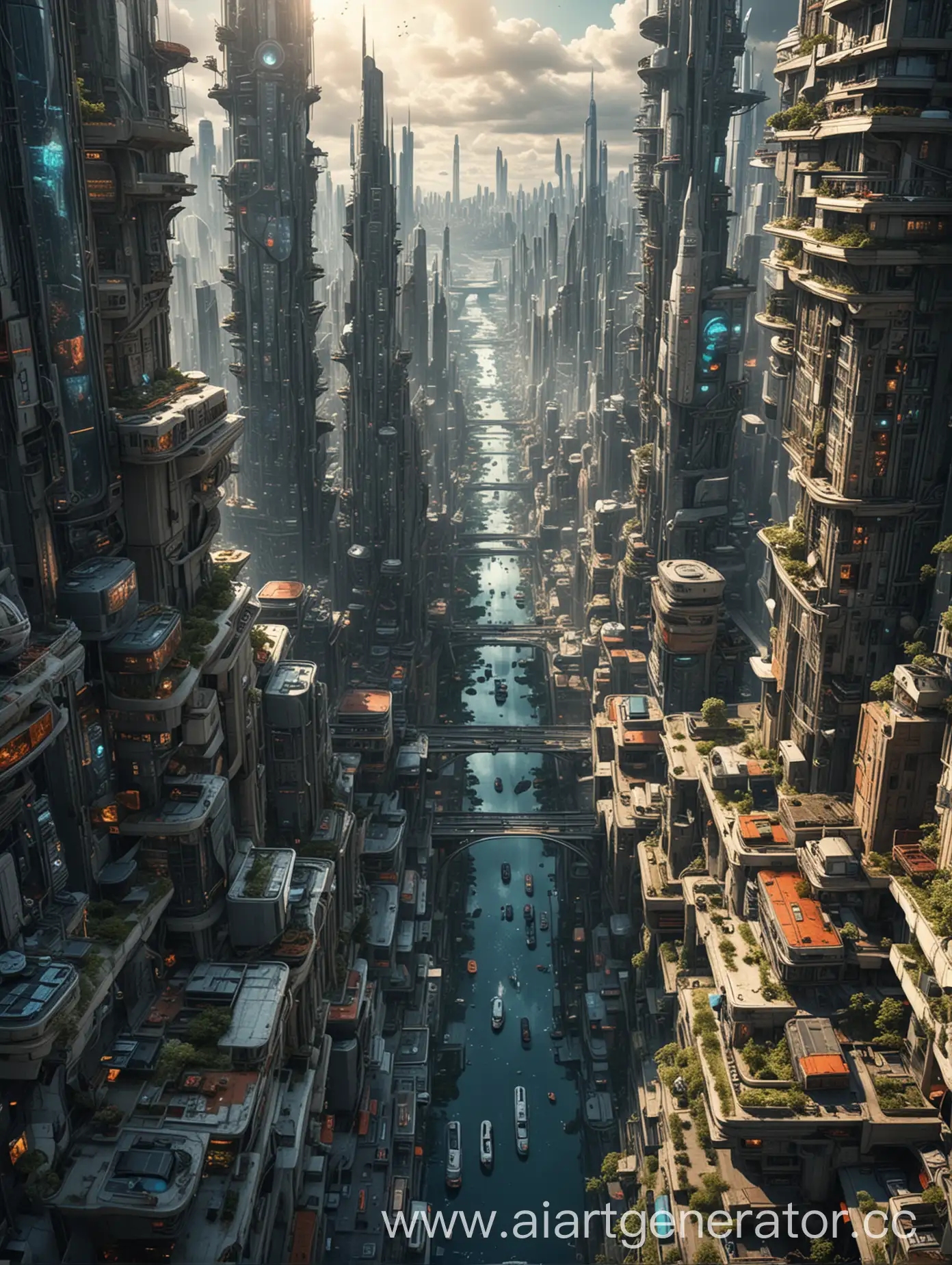 Вид с возвышенности на фантастический город будущего 
