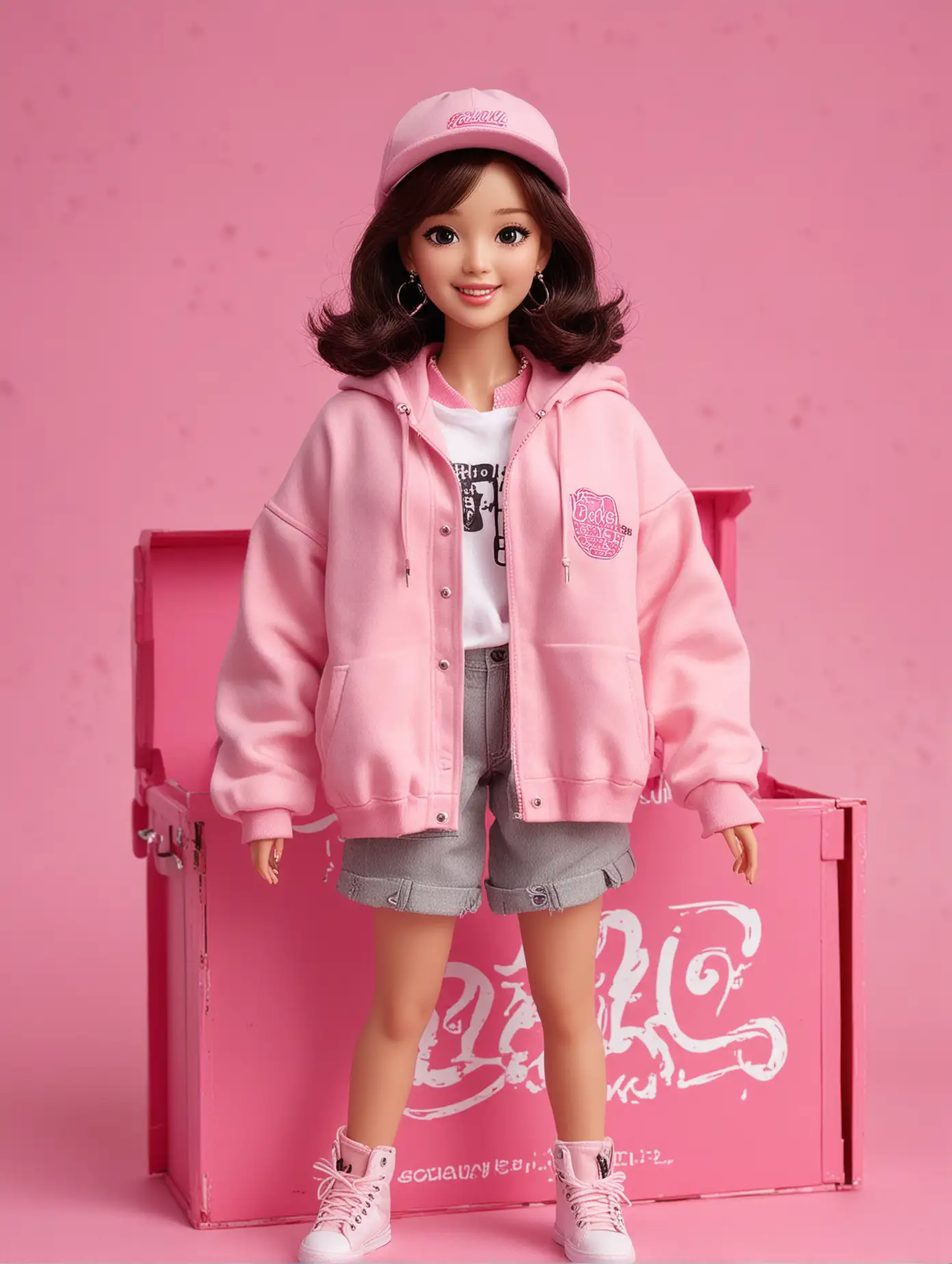 Teenage Barbie Doll Seo Yeaji Laughing in Pink Box with Hoodie Jacket and Backpack