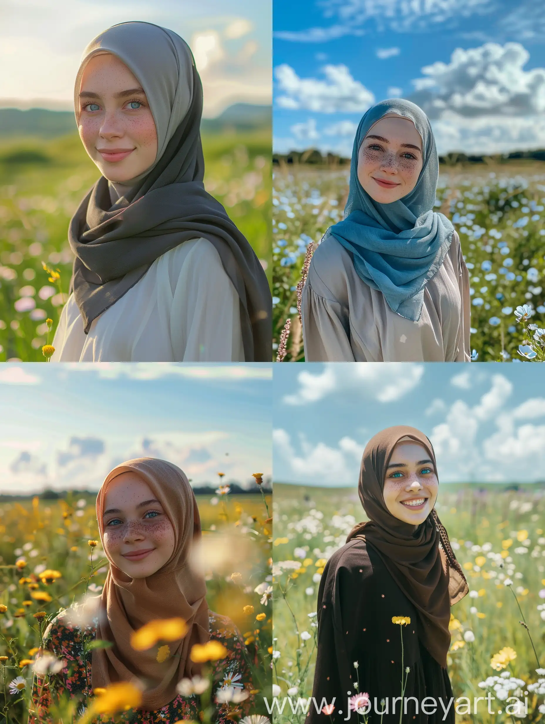 Pretty-Indonesian-Girl-in-Hijab-Smiling-on-Green-Field-with-Flowers