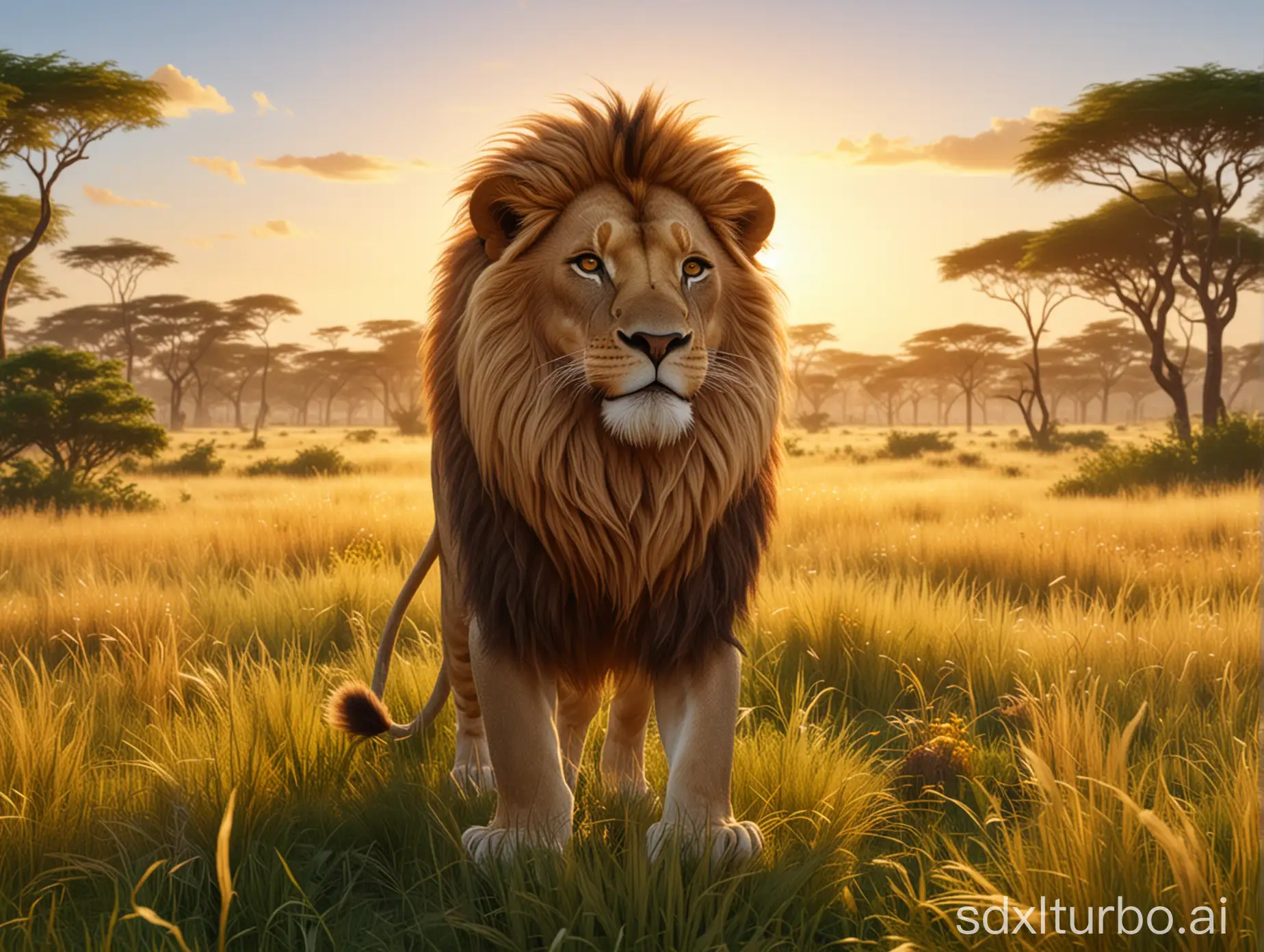 A cartoon lion character stands in a vast grass field. Heart of the African forest Under the morning sunshine