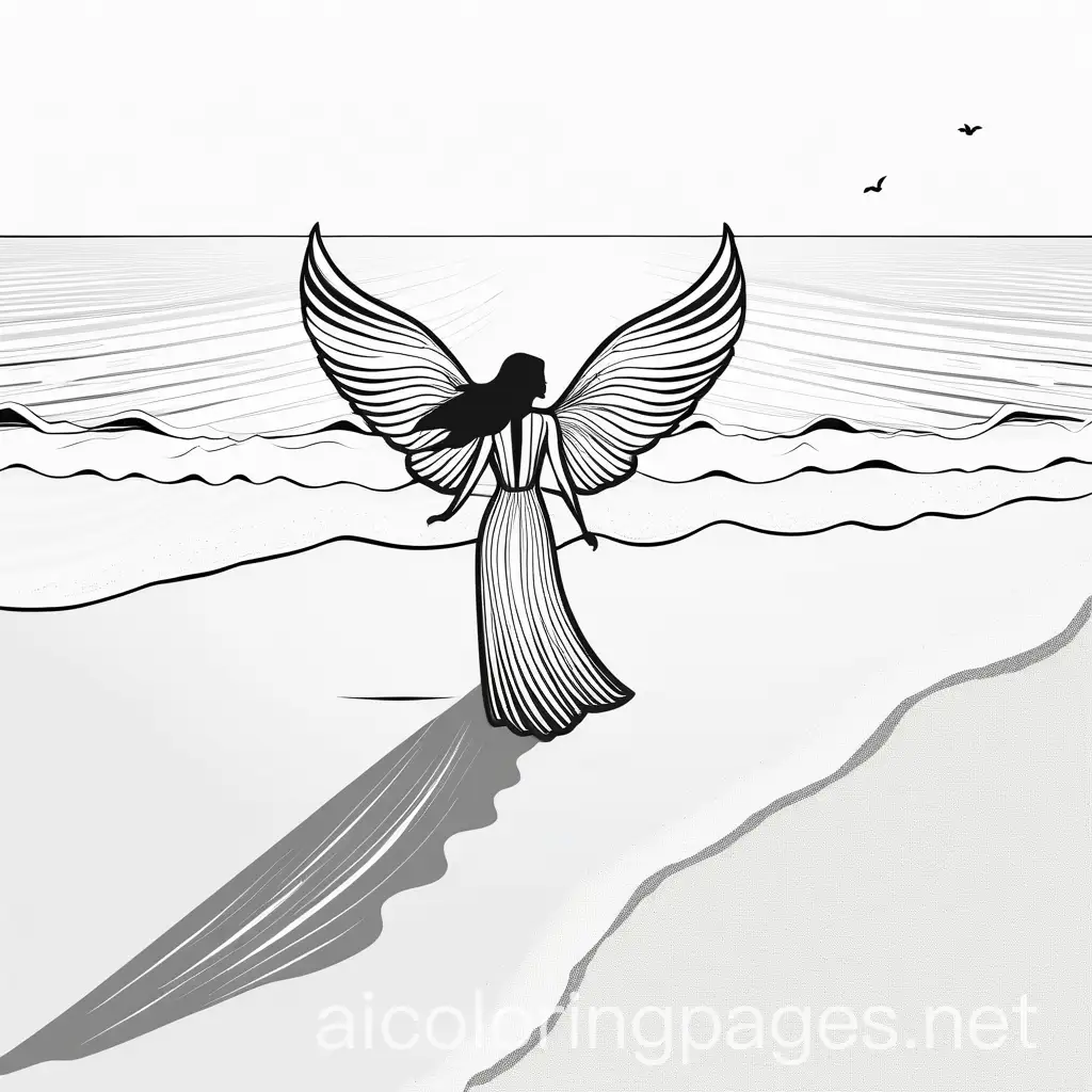 sand angel at the beach, Coloring Page, black and white, line art, white background, Simplicity, Ample White Space. The background of the coloring page is plain white to make it easy for young children to color within the lines. The outlines of all the subjects are easy to distinguish, making it simple for kids to color without too much difficulty