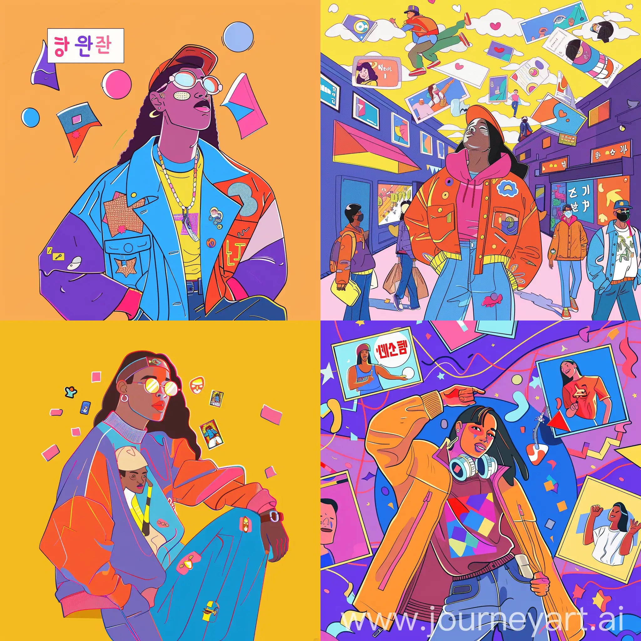 graphic vector artwork, vivid color, bright tone, using comic-shaped illustrations, based on current south-korean vibe, representing young and fun mood