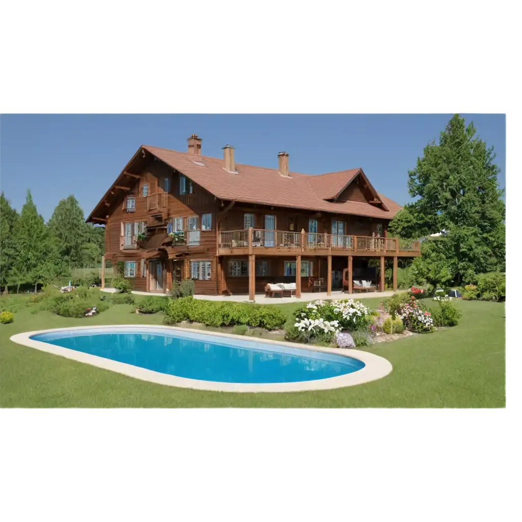 Exquisite-PNG-Image-Large-Wooden-House-with-Spacious-Swimming-Pool-and-Lush-Farm-Flowers