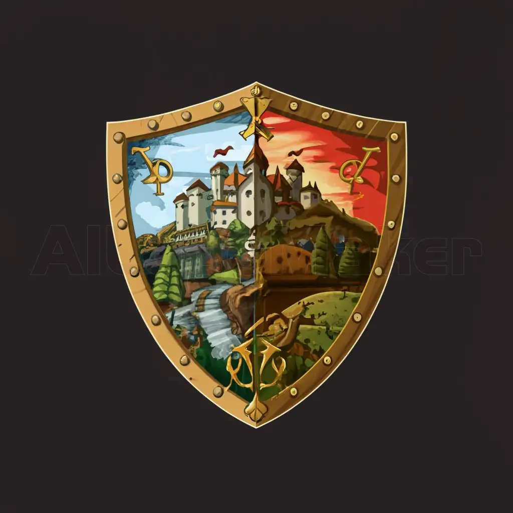 a logo design,with the text "Age of FantasyBattles", main symbol:Fantasy medieval crest shield with a forest and a castle in the background,complex,be used in Entertainment industry,clear background