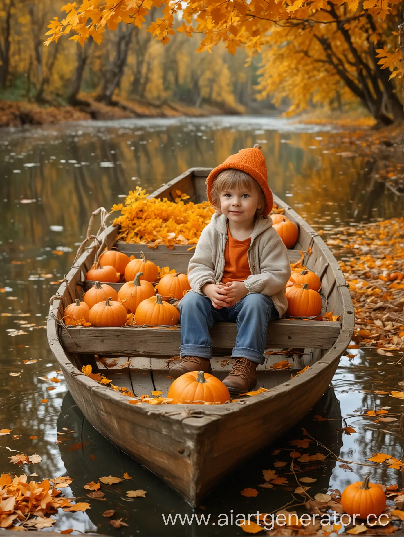 Маленький ребенок сидит в лодке на реке, рядом в лодке оранжевые цветы в корзинке и тыква, на фоне осенний лес и падают желтые листья, фон размыт, очень реалистично