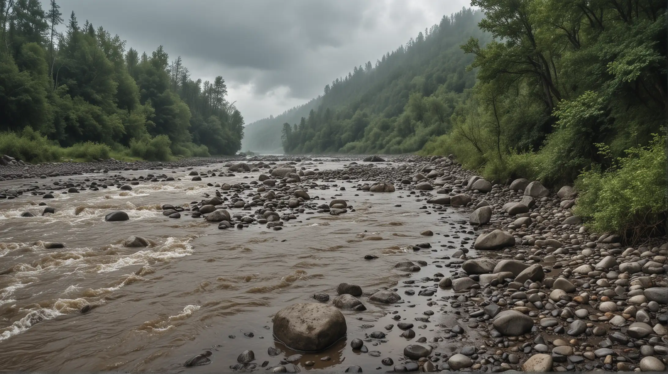 the shore of a wild river in the wilderness, stones, bushes, dwarf trees, mud, hard rain, cloudy, distant view