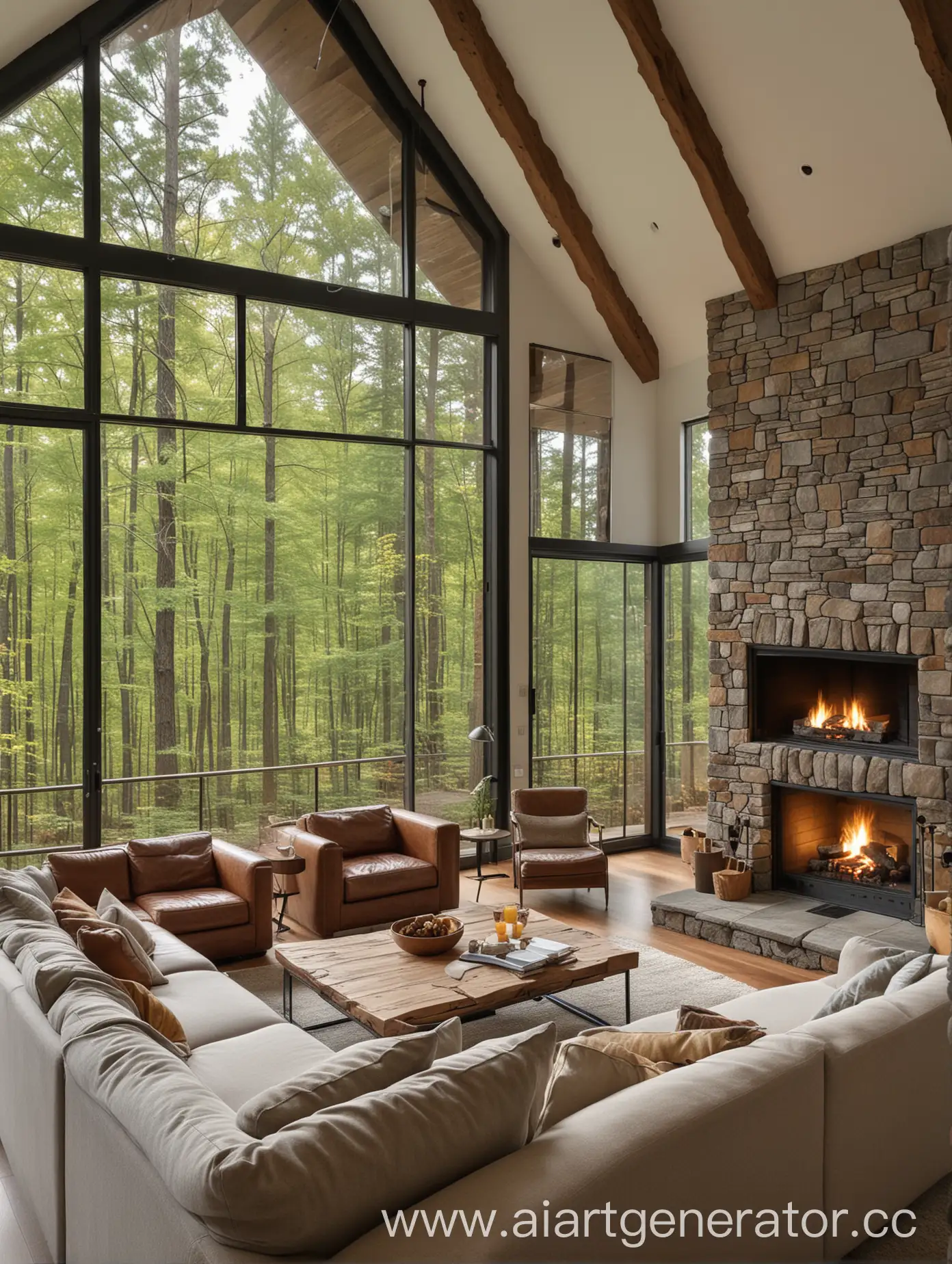 Cozy-Living-Room-with-Fireplace-Overlooking-Forest-View