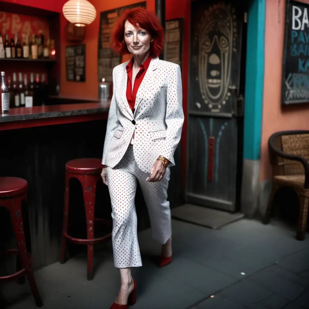 Stylish Mature Woman Entering Eclectic Kava Bar in Elegant Pantsuit