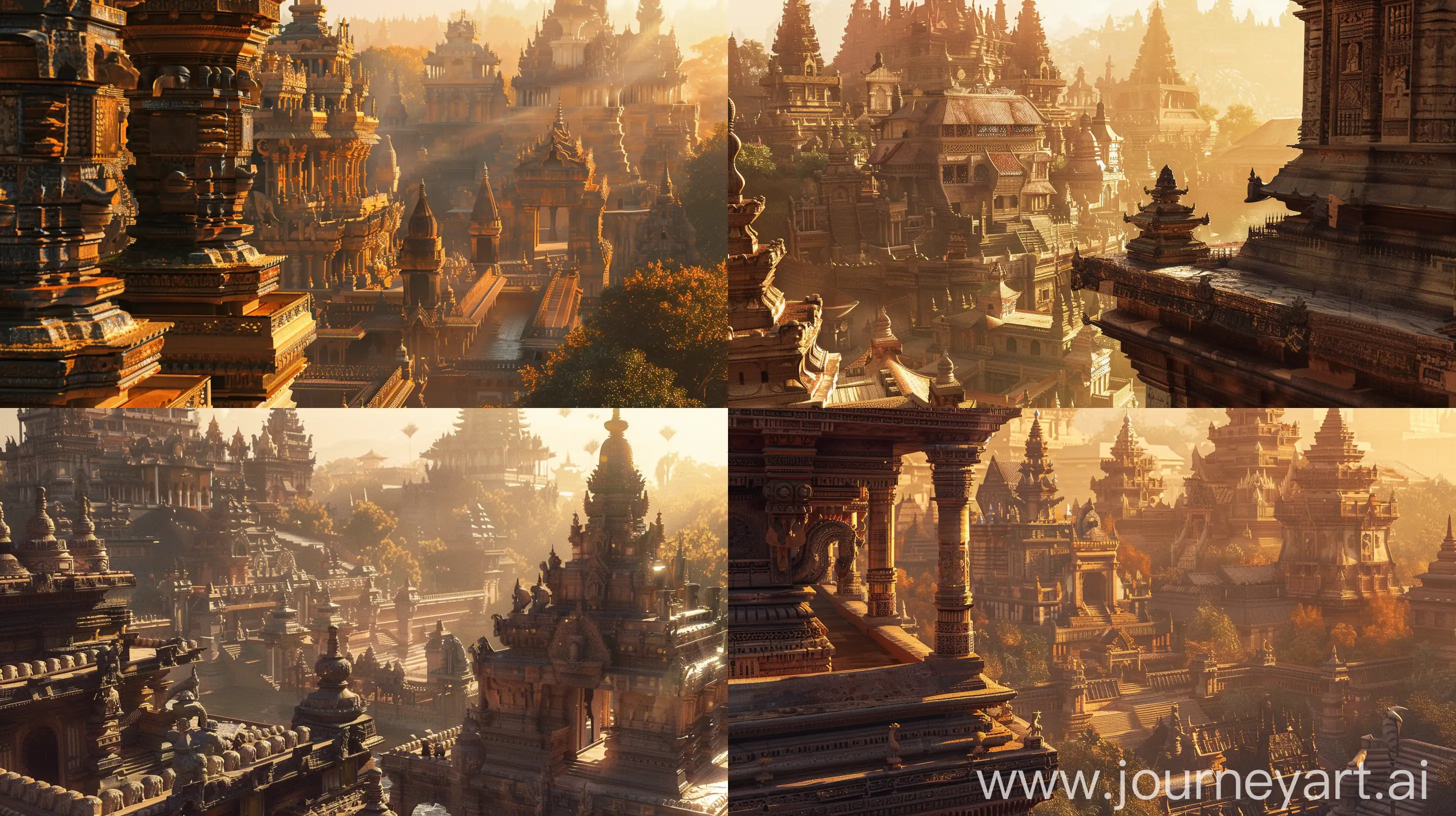A stunning, ultra-realistic depiction of the 16th-century Sunda Kingdom, specifically the Pajajaran Sultanate. The background showcases grandiose palaces and towering temples, adorned with intricate carvings and elaborate decorations. The architecture is a breathtaking blend of traditional and contemporary styles, highlighting the rich cultural heritage of the region. The scene is bathed in warm, golden sunlight, casting long shadows and emphasizing the detailed craftsmanship of the structures. super realistic, nice detail, --v 6 --ar 16:9