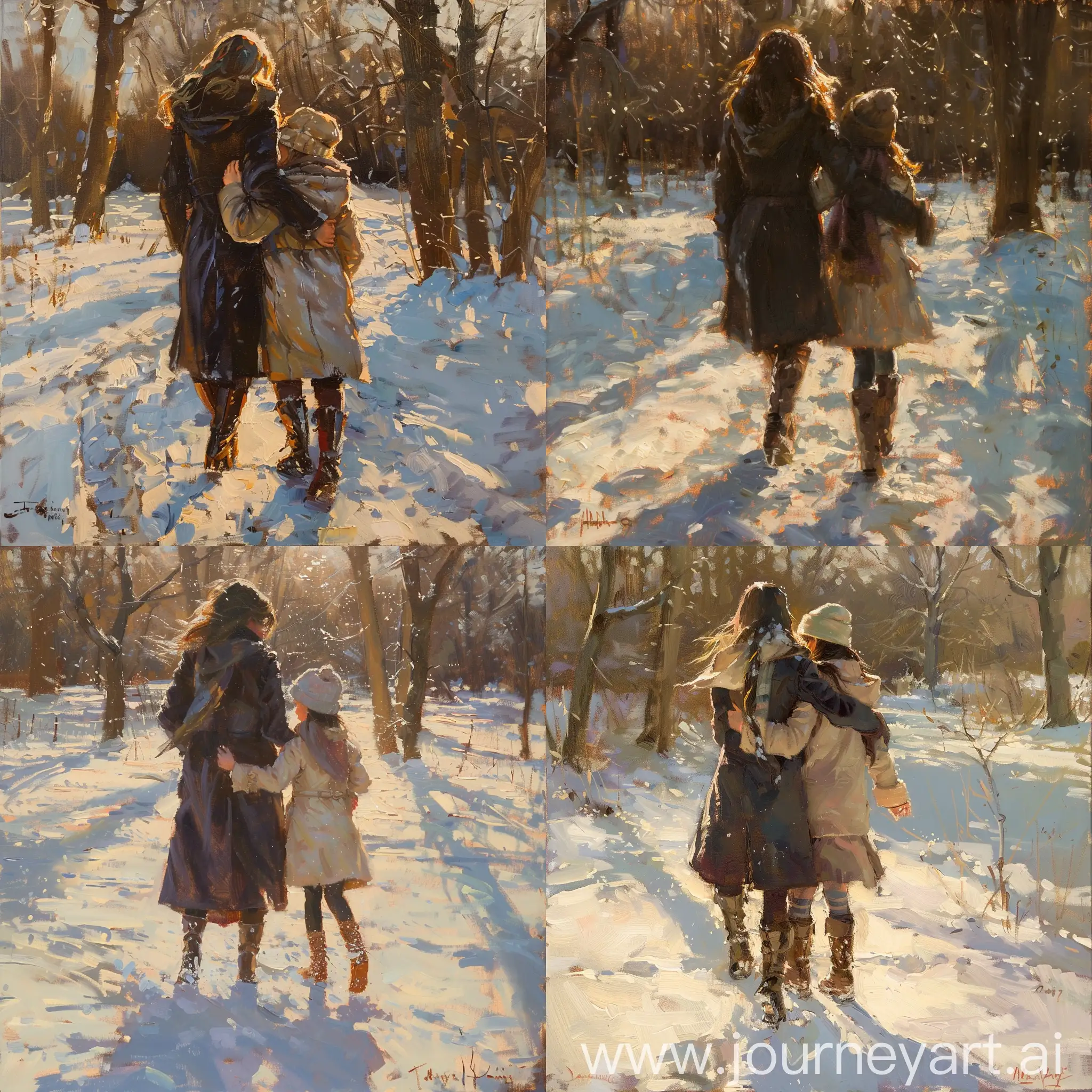 A beautiful oil painting, a sunny winter day, two girls walking through a snowy park, snow glistens under their feet, they walk forward, we see them from behind, one girl holds the other by the arm, the taller girl is dressed in a long winter dark coat, high boots and a scarf, and her friend who holds her under arm, wearing a light coat and a hat. The sun shines on their faces and hair, and shadows are cast behind their backs.