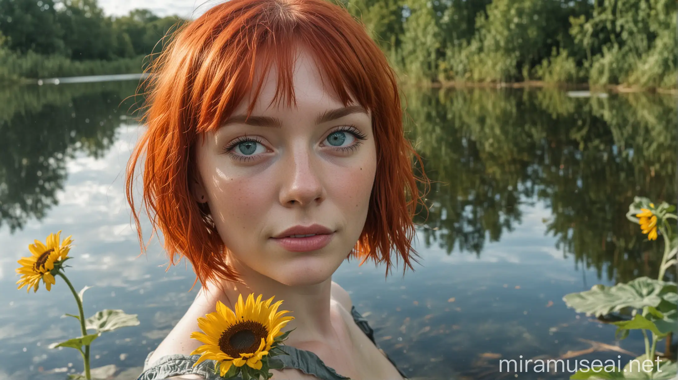 Van Gogh Style Portrait RedHaired Woman Holding Sunflower by the Lake