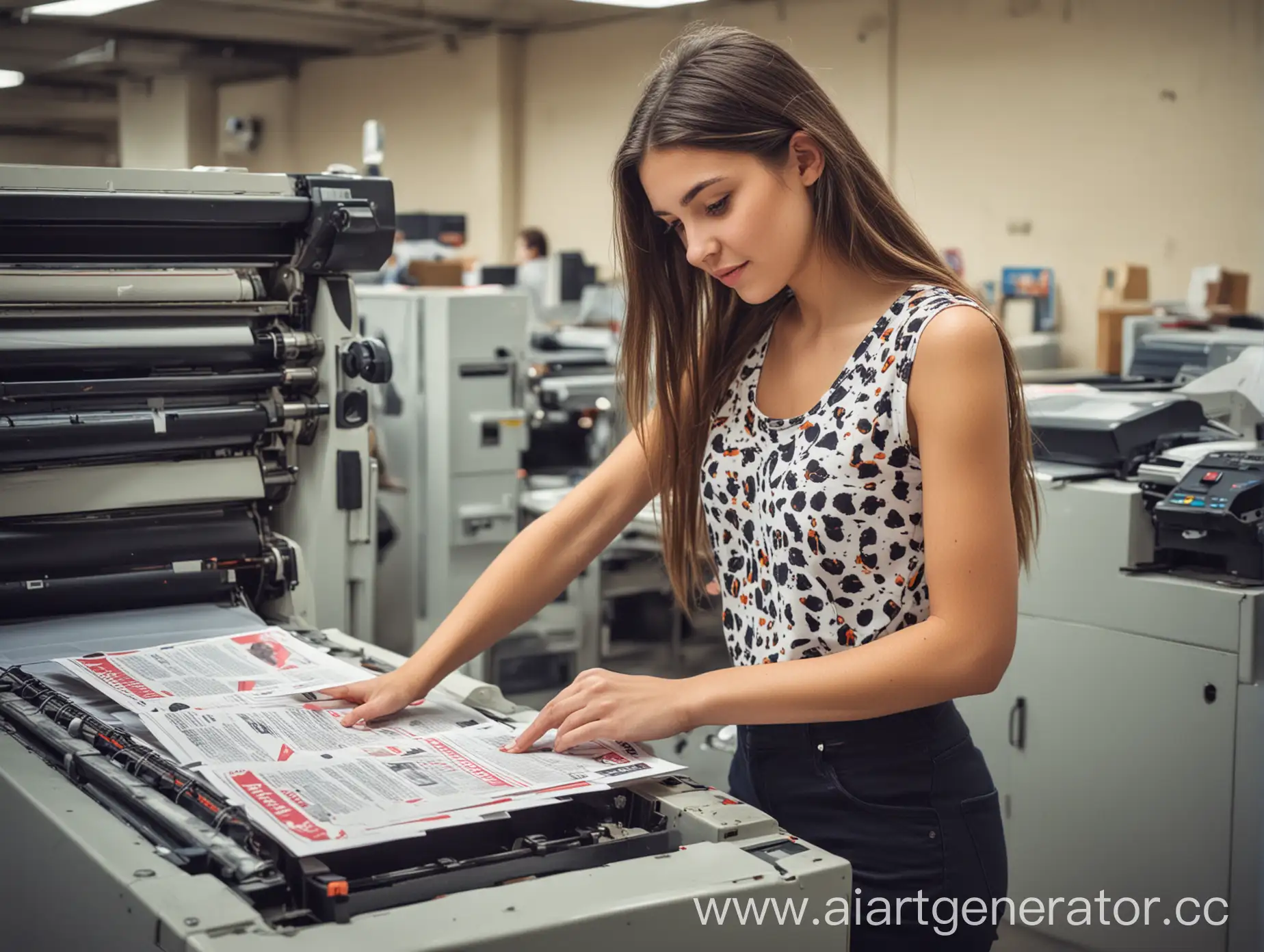 Девушка печатает листовки в типографии