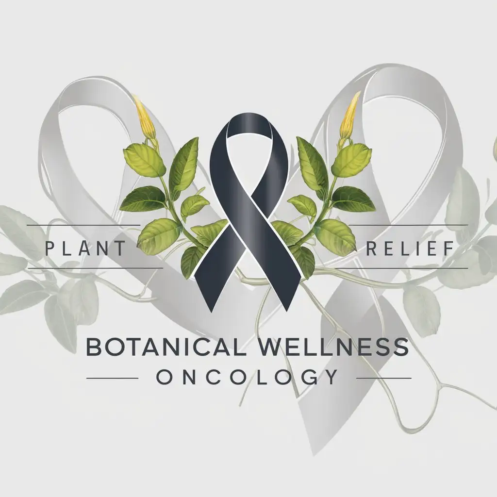 a logo design,with the text "Botanical Wellness Oncology - Plant Powered Relief", main symbol:Cancer ribbons and plants,complex,clear background