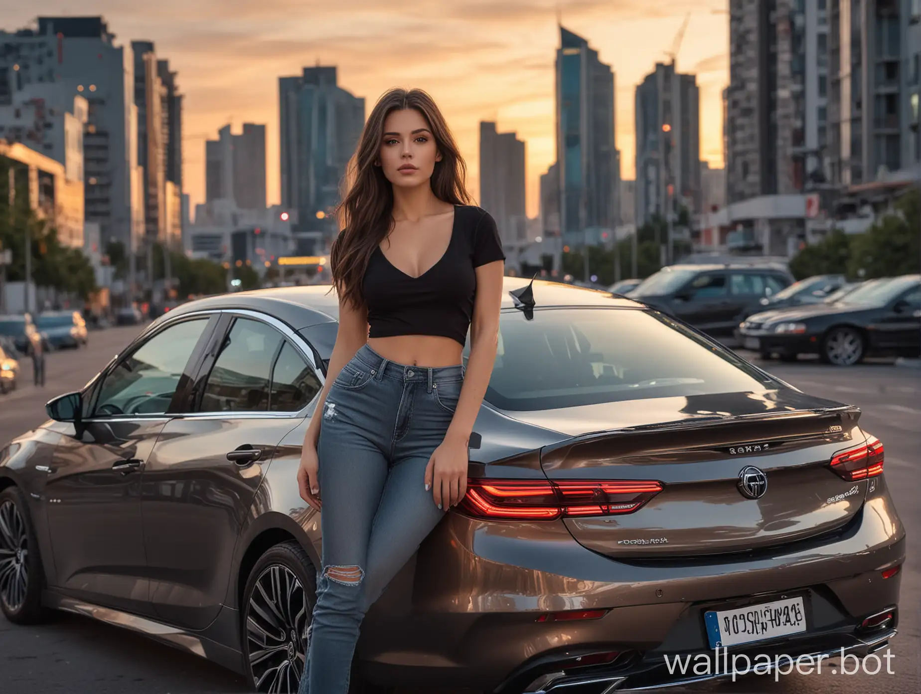fuller shape woman visible from the back. She has long darkbrown hair (her face isn't visible), wearing black t-shirt with cleavage, jeans and high heels standing near of grey opel insignia grandsport. The car is visible from the front. background is a futuristic city at sunset, synthwave style