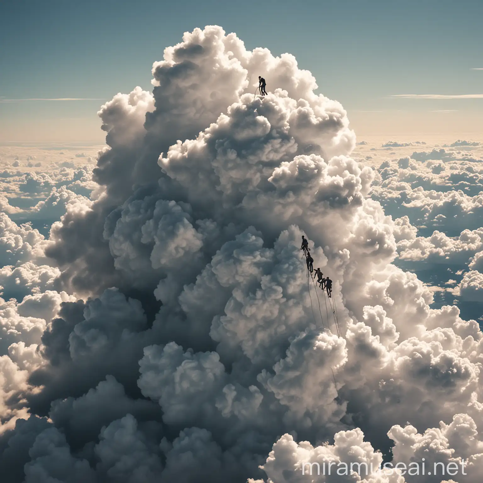 Adventurous Men Scaling a Fluffy Cloud