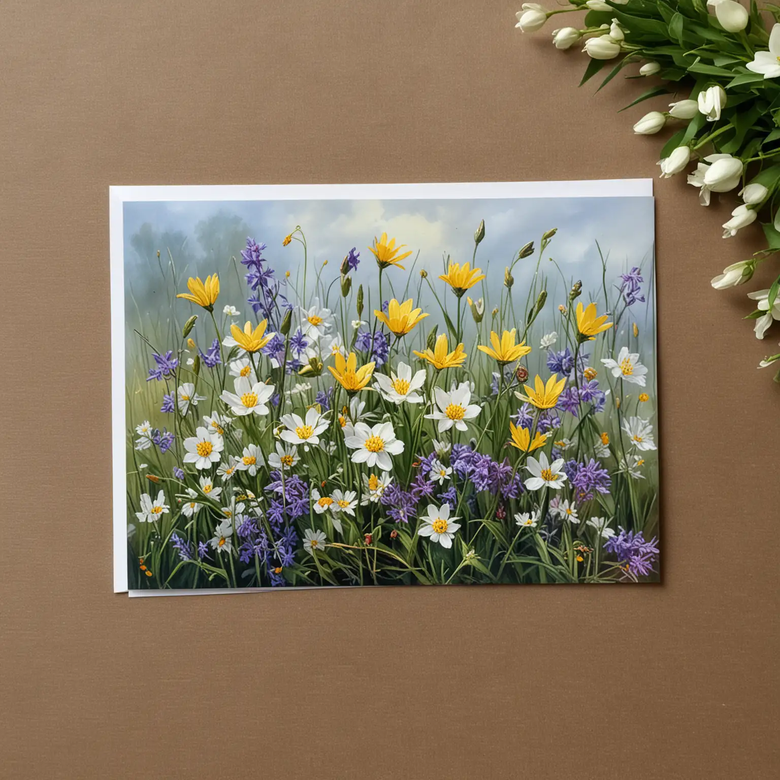 Greeting card to be created as an oil painting with wild Easter flowers