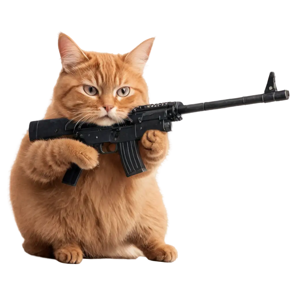 A cat charging on the battlefield with a submachine gun