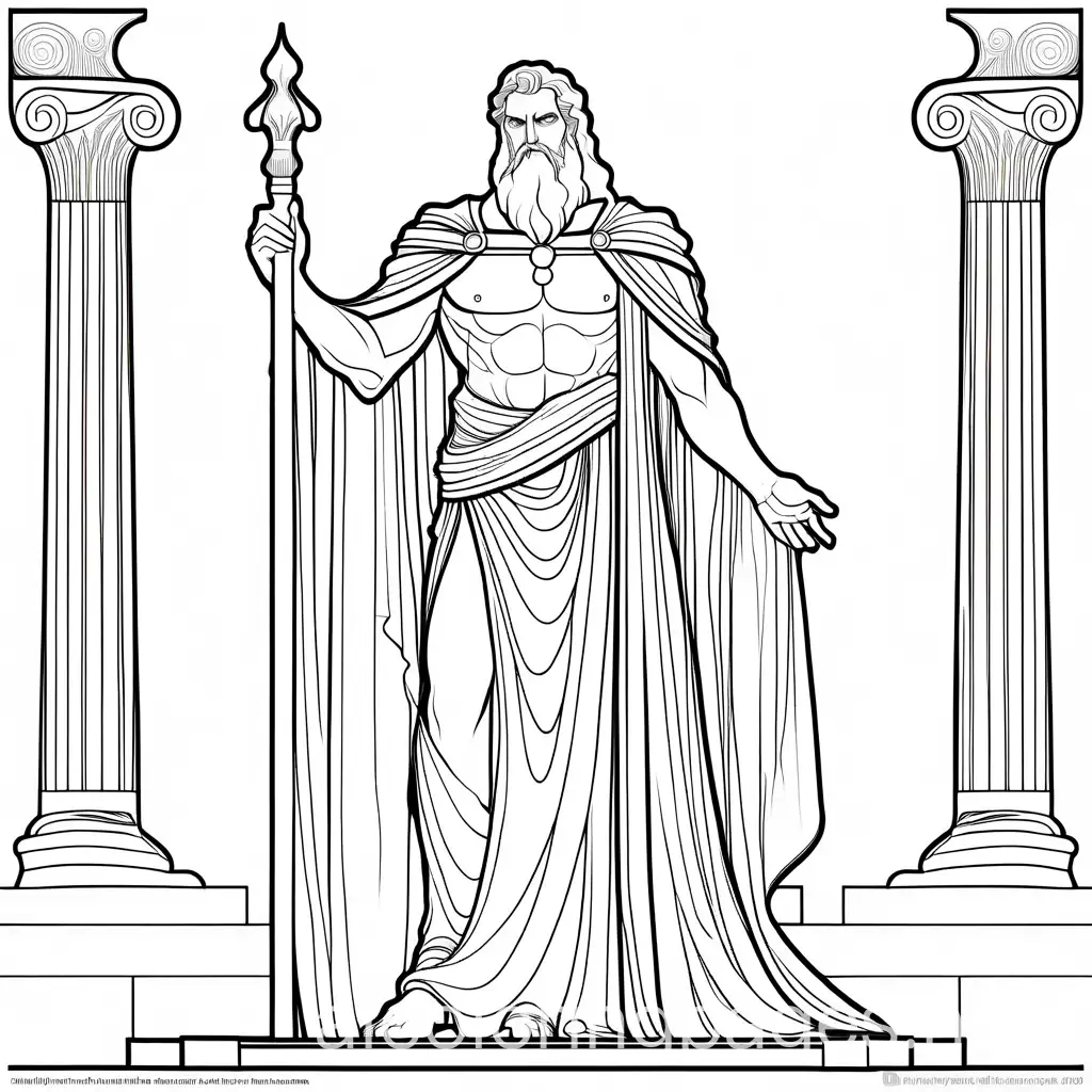 Hades Greek God of the Underworld, Coloring Page, black and white, line art, white background, Simplicity, Ample White Space. The background of the coloring page is plain white to make it easy for young children to color within the lines. The outlines of all the subjects are easy to distinguish, making it simple for kids to color without too much difficulty