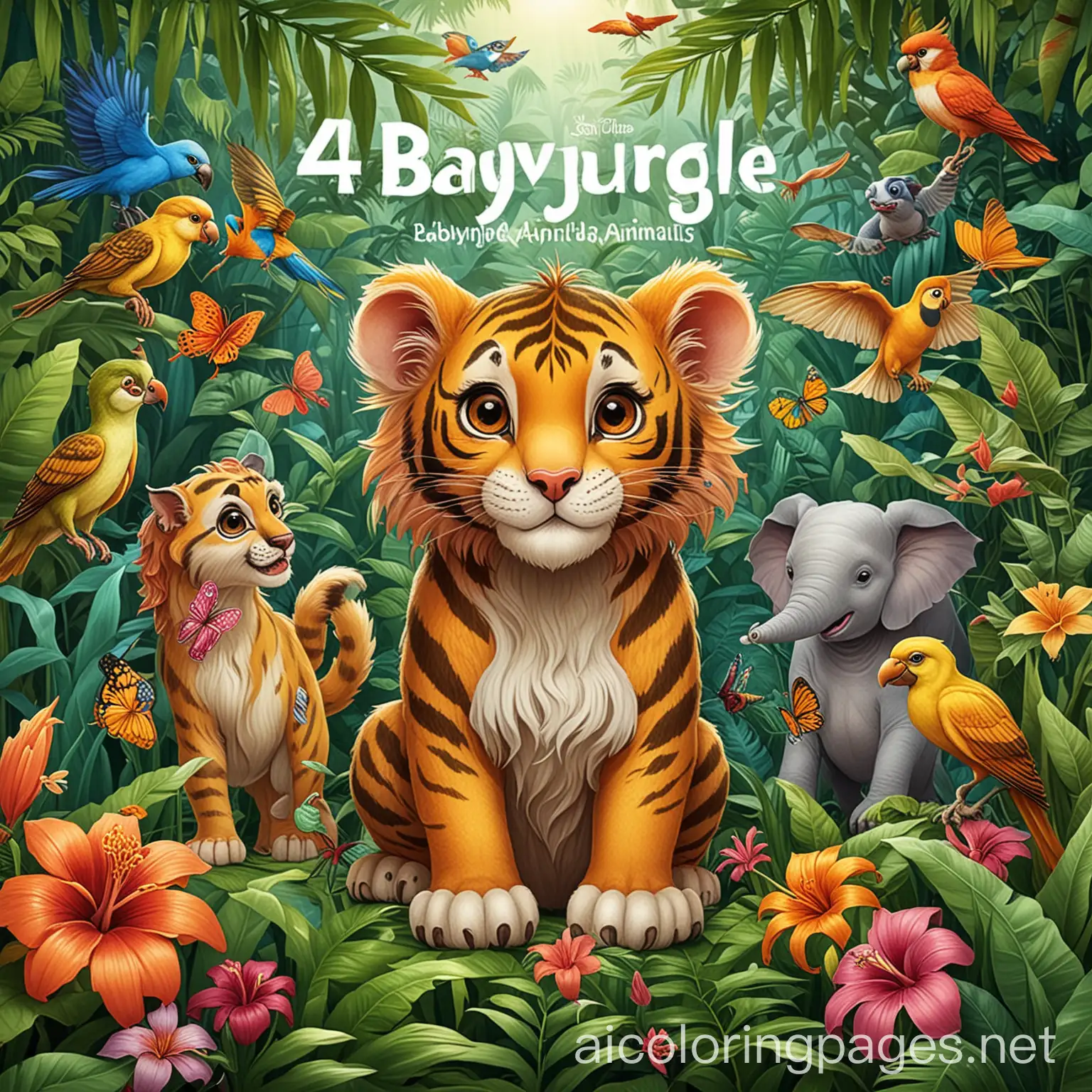 Create a colorful and detailed cover for a children's coloring book titled '42 Baby Jungle Animals'. The cover should feature an array of adorable baby jungle animals, similar in style to the provided image. Include a variety of animals such as a baby tiger, elephant, monkey, parrot, iguana, owl, and frog, among others. Ensure each animal has a cute and friendly expression, surrounded by lush tropical foliage and vibrant flowers. The title '42 Baby Jungle Animals' should be prominently displayed in a playful and eye-catching font in the center of the cover. full of vibrant eye catching colors.





, Coloring Page, black and white, line art, white background, Simplicity, Ample White Space. The background of the coloring page is plain white to make it easy for young children to color within the lines. The outlines of all the subjects are easy to distinguish, making it simple for kids to color without too much difficulty