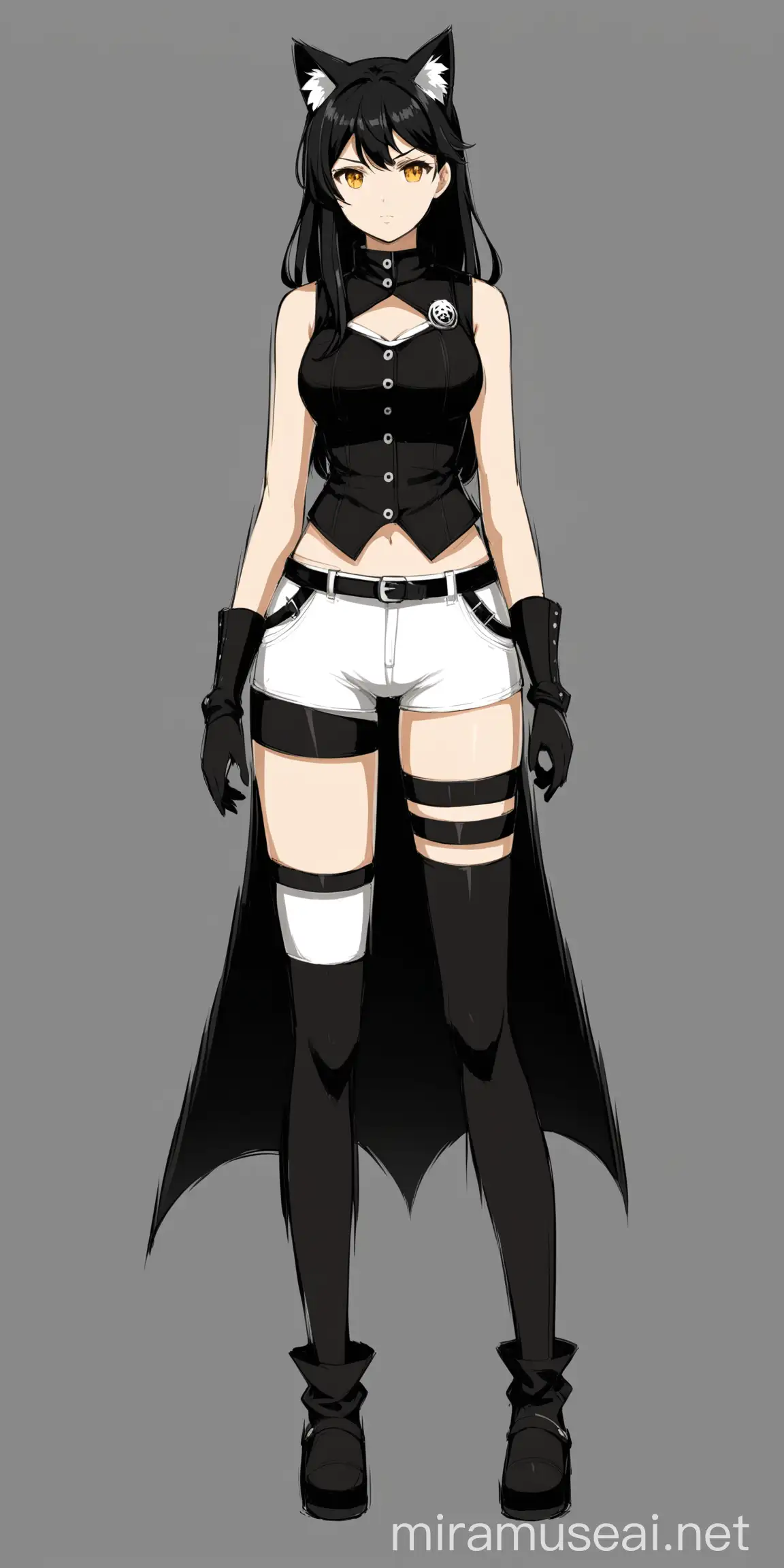 anime, Blake Belladonna, rwby, black and white outfit, white shorts, black stockings, cat ears, amber eyes, white top, black buttoned vest with coattails, white sleeveless high necked crop undershirt, tight white spandex compression shorts that reach her upper thighs, full body, standing, cold, calm, no background