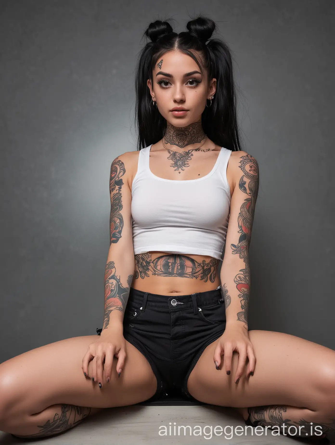 A young, skinny, girl sitting with spred legs. She is in frontal view from a low angel. She has long, black hair in space buns. She is waring a croptop and hotpants. She is a egirl. She has many tattoos