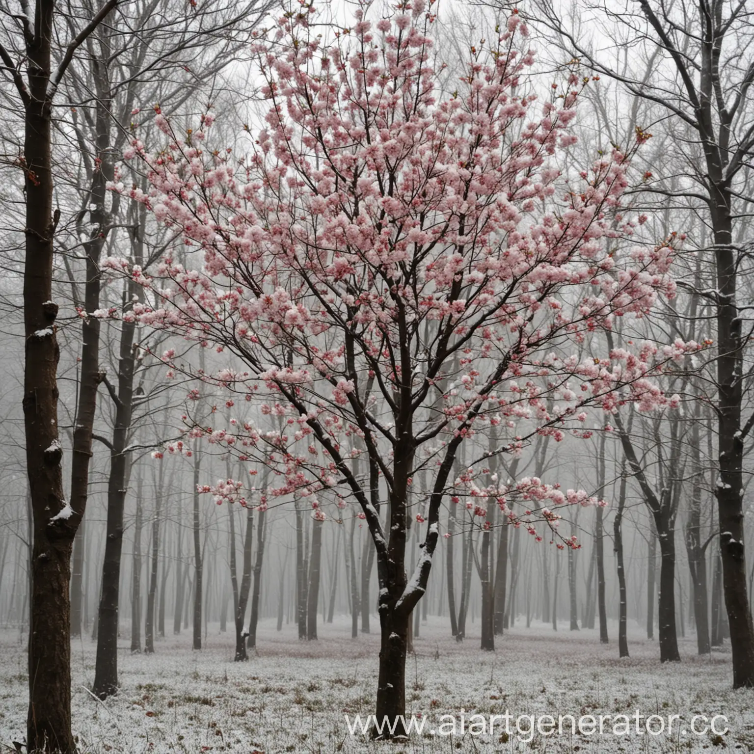 Solitary-Cherry-Blossom-in-Winter-Forest