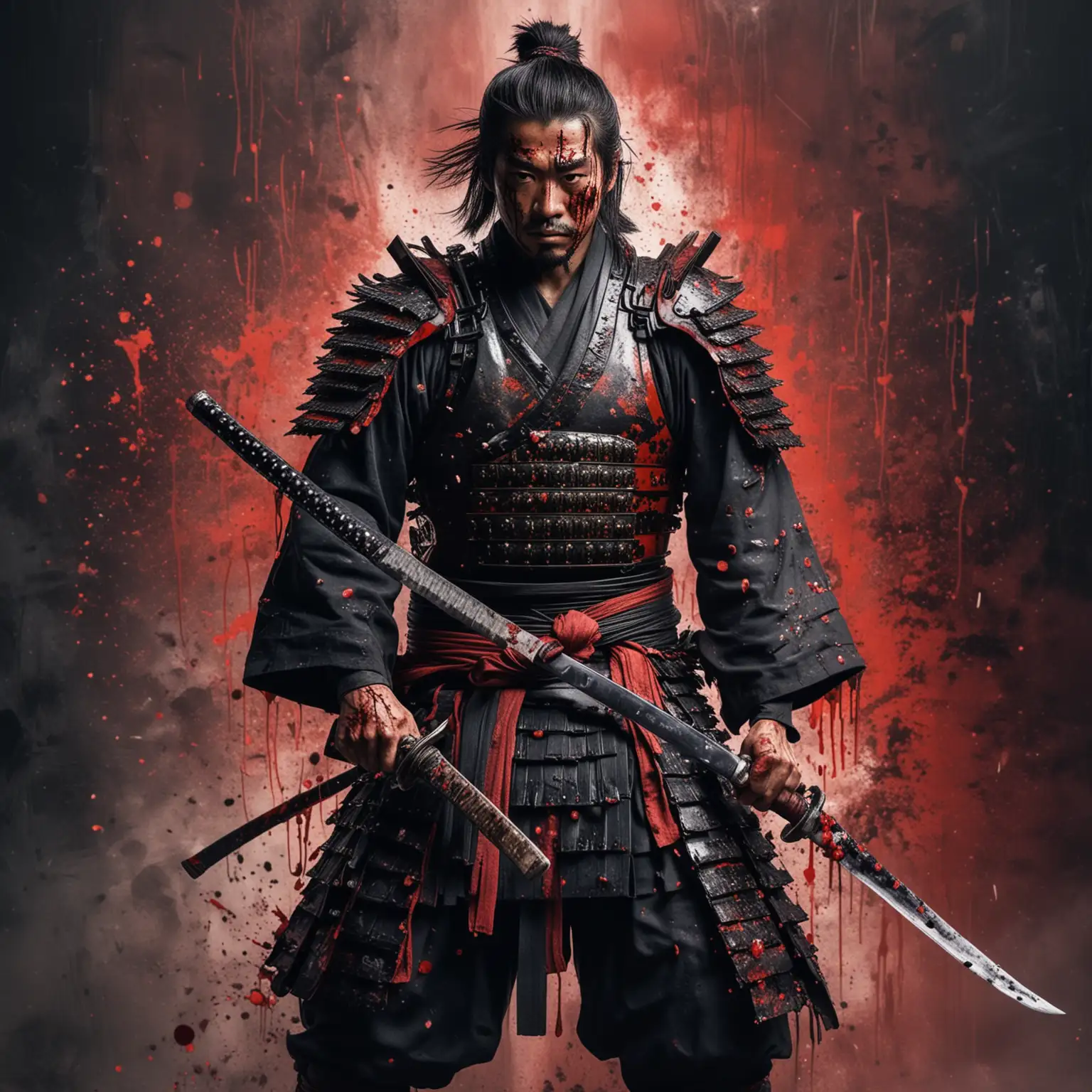 A samurai holding katana and his armor covered in blood with explosive background